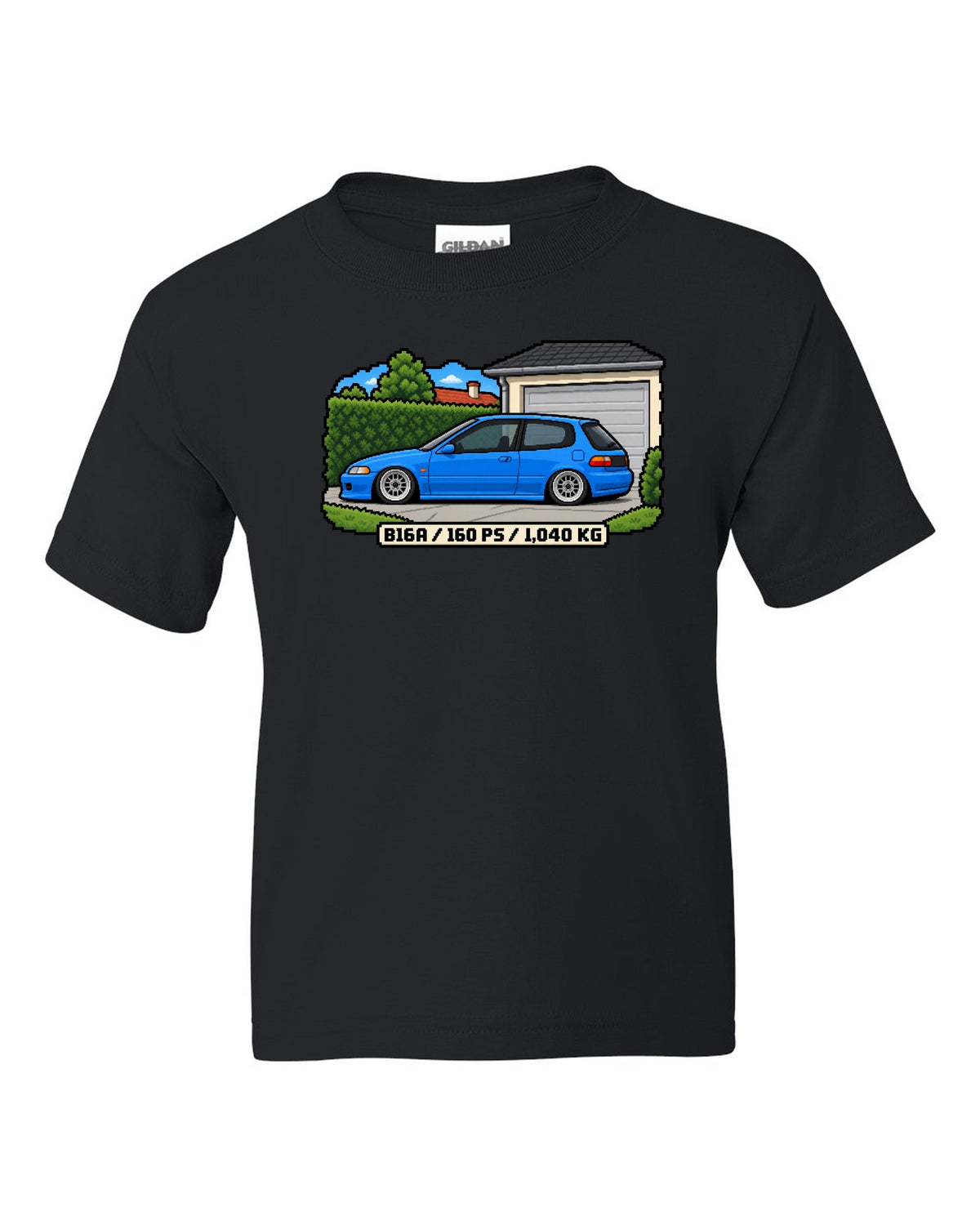 16-bit pixel art print of a 1992 Honda Civic EG6 ch with B16A and 160 PS text black kids tee front view with the design