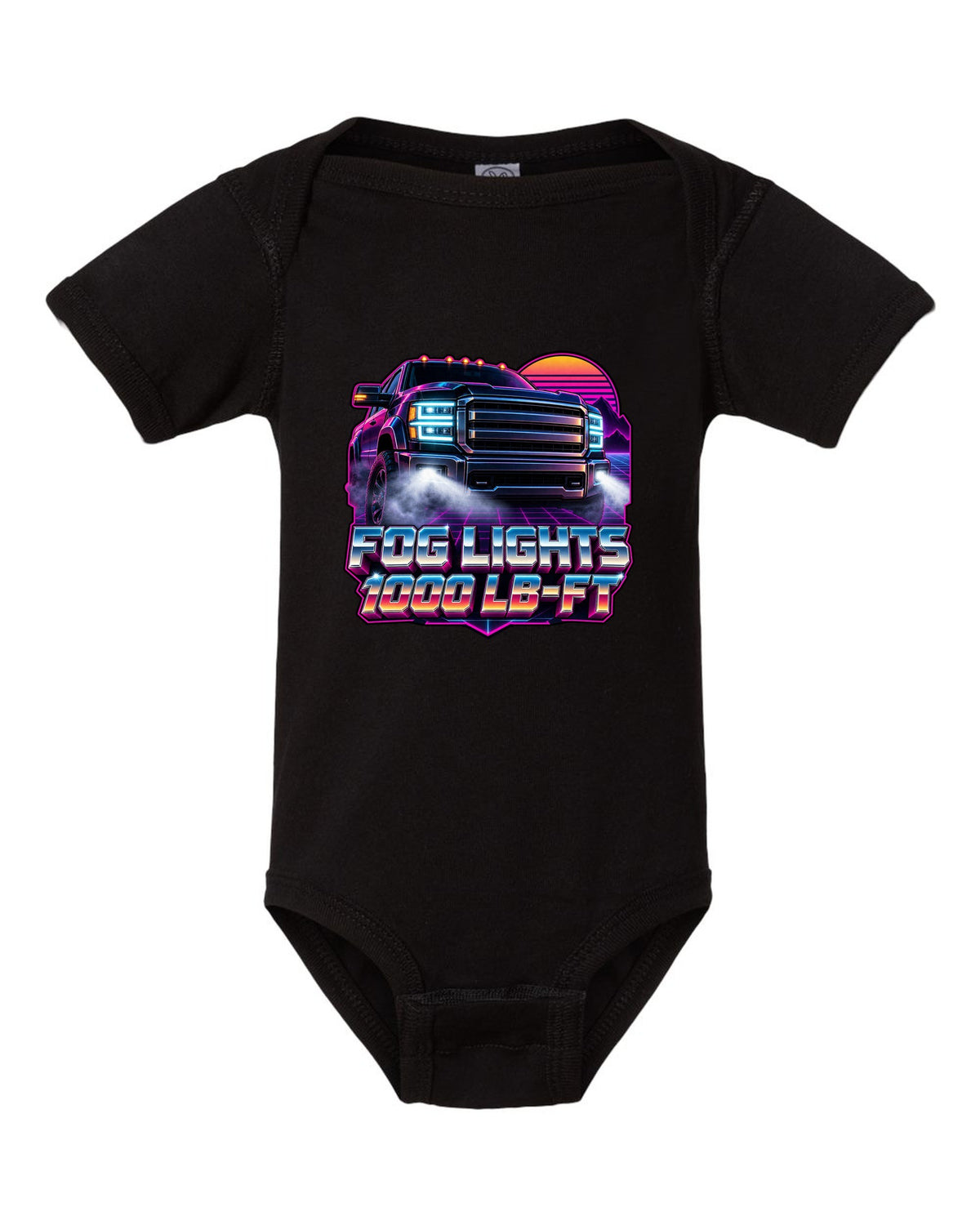 Neon synthwave grid print of a 2019-2024 Ram HD 2500 with the 6.7 HO and 1000 lb-ft text black baby onesie front view with the design