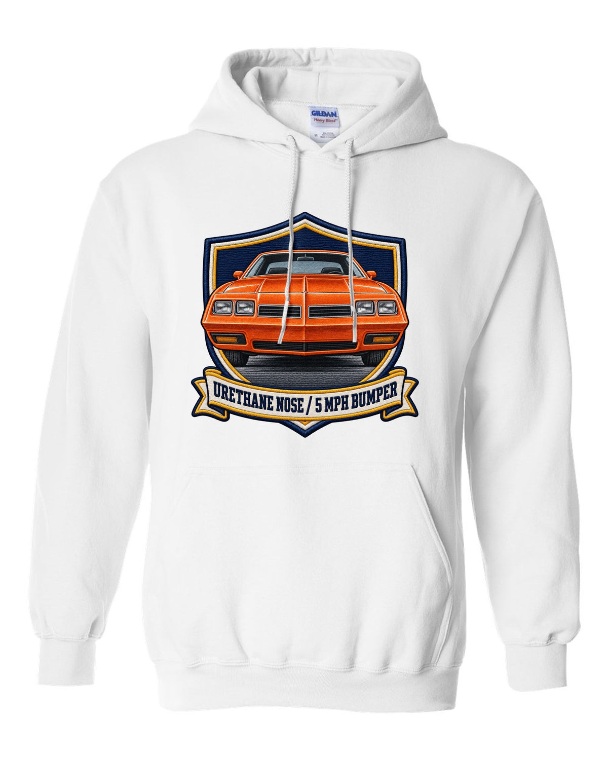 Varsity crest print for a 1973 Chevelle Laguna S-3 with the text Urethane Nose, 5 MPH Bumper white pull over hoodie front view with the design