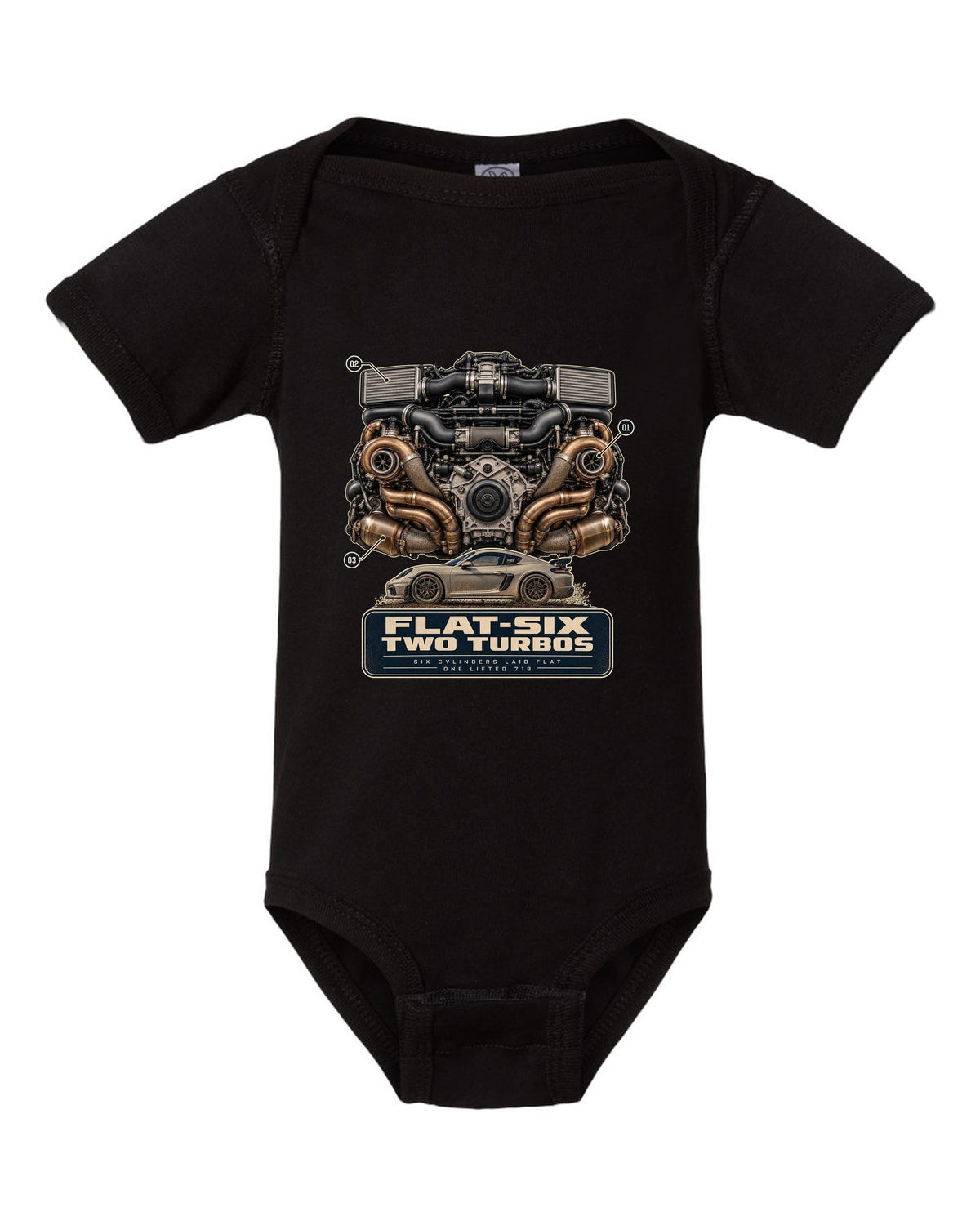 Engine hero print of a Porsche 911 Dakar 992 flat-six with two turbos black baby onesie front view with the design
