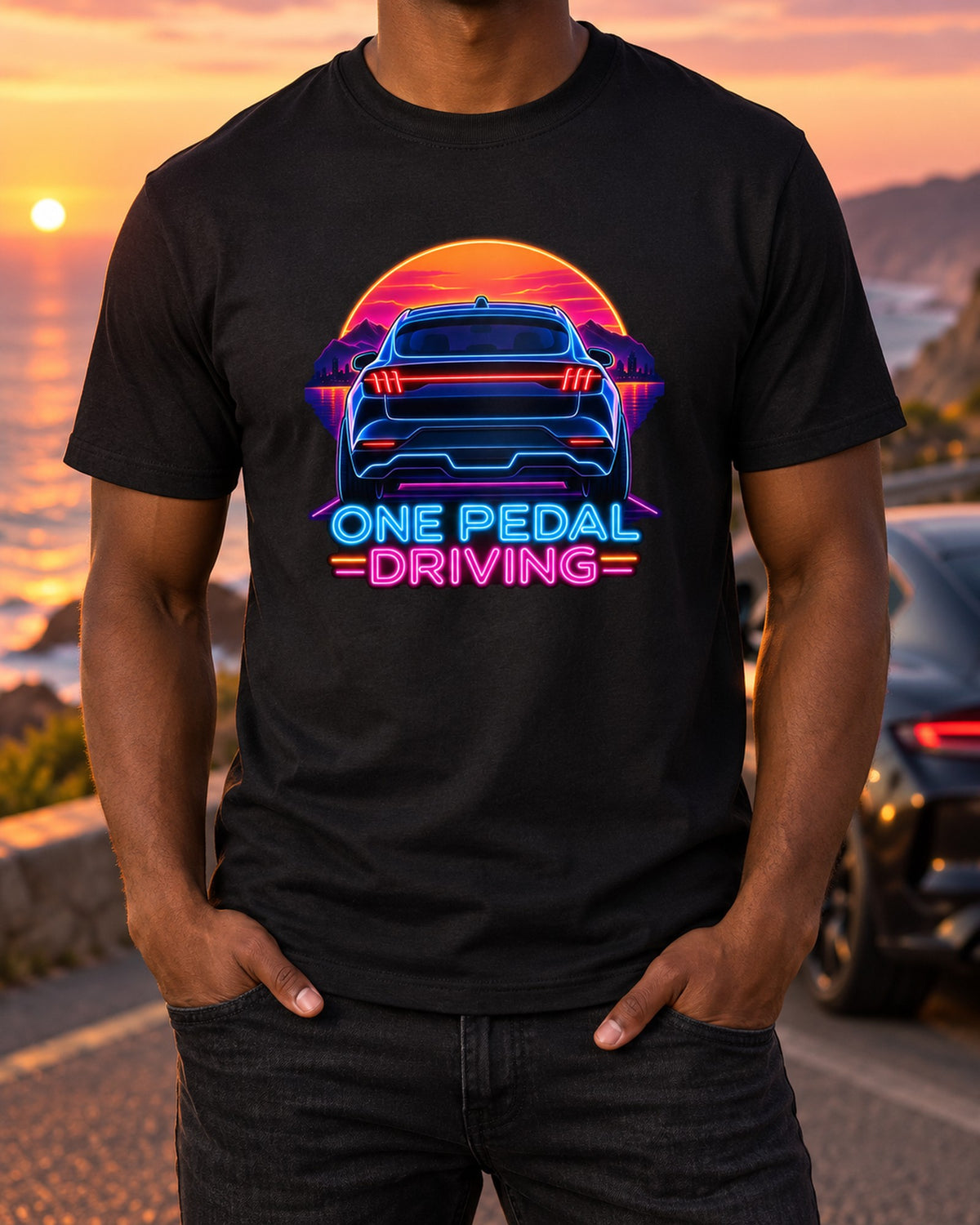 2020 Ford Mustang Mach-E CX727 Neon Tail Bar Shirt, One Pedal T-Shirt Black worn hero