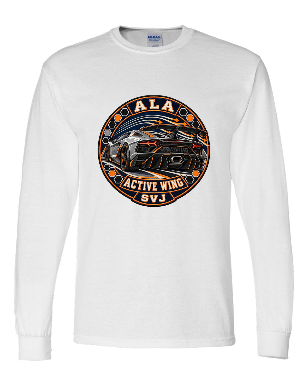 Embroidery-style round crest of a Lamborghini Aventador SVJ LP770-4 with text ALA / ACTIVE WING / SVJ white long sleeve front view with the design