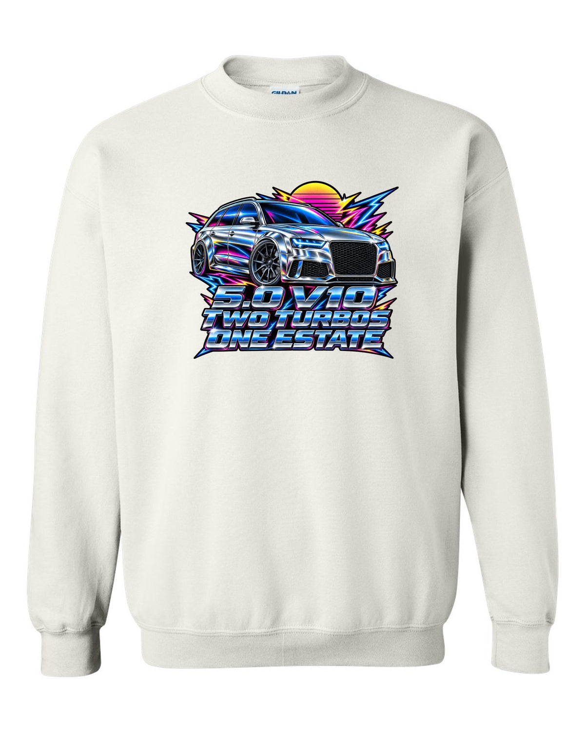 80s airbrush chrome design of the Audi RS6 Avant C6 4F with 5.0 V10 two turbos one estate lettering white crewneck front view with the design