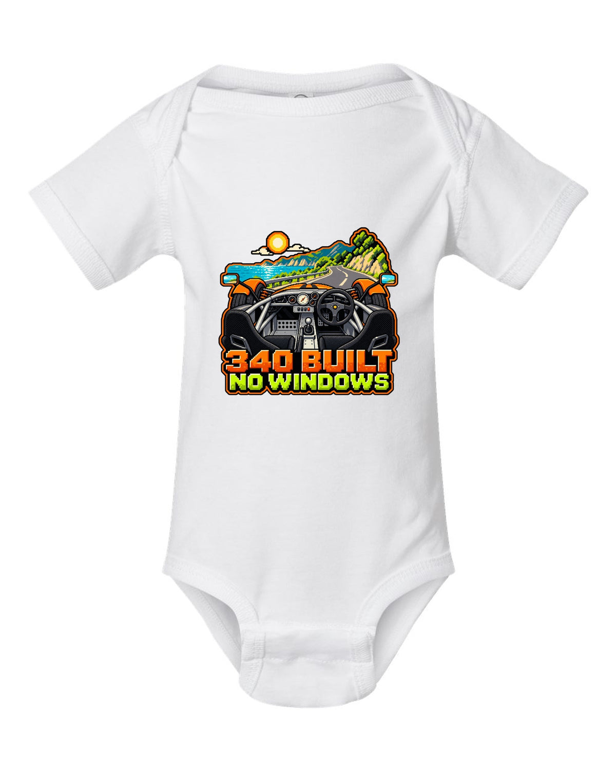 Lotus Elise 340R in 8/16-bit pixel art with 340 BUILT and NO WINDOWS lettering white baby onesie front view with the design