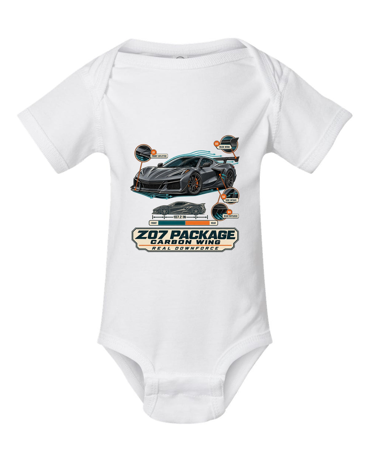 Aero callouts print of a Chevrolet Corvette C8 Z06 with Z07 package and carbon wing white baby onesie front view with the design