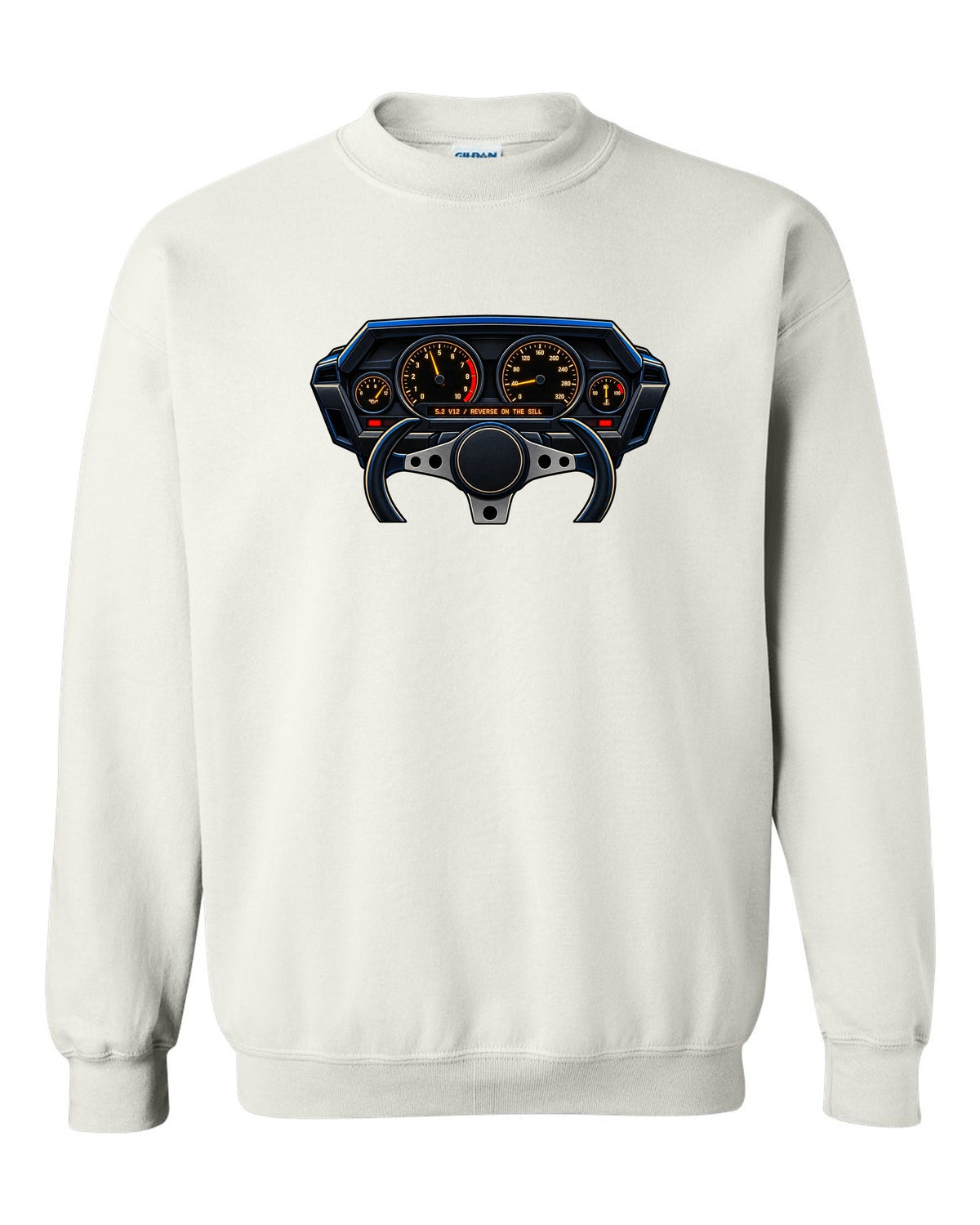 Gauge cluster graphic for a Lamborghini Countach LP5000 QV with 5.2 V12 lettering white crewneck front view with the design