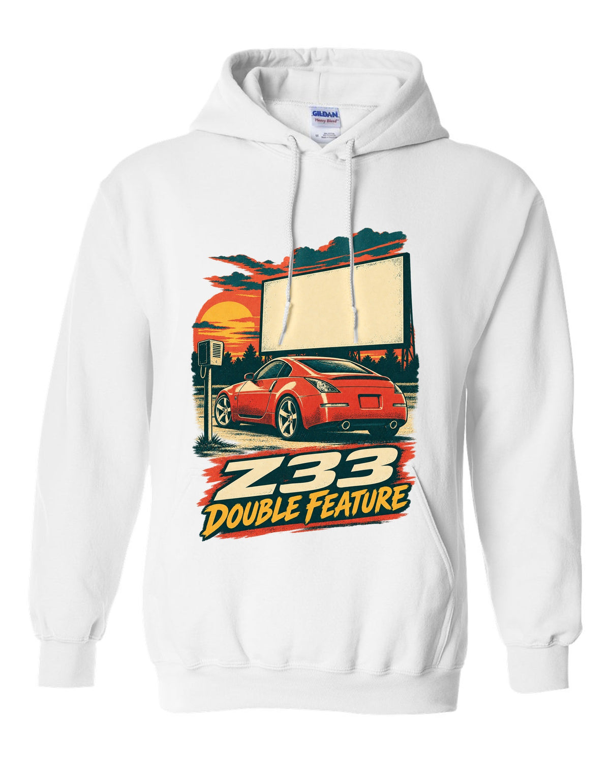 Vintage lithograph race poster print of a Nissan 350Z Z33 at a drive-in white pull over hoodie front view with the design