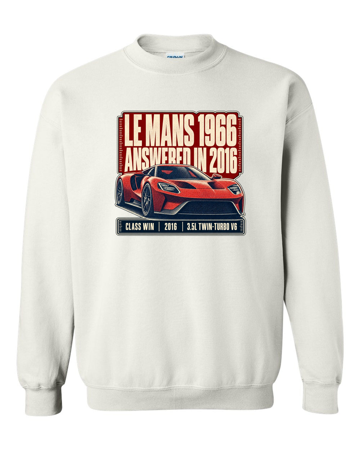 Halftone print of a Ford GT low front three-quarter with Le Mans 1966 and 2016 text white crewneck front view with the design