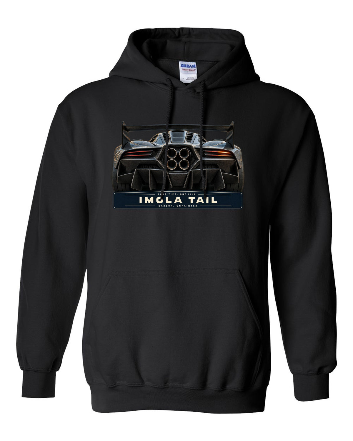 Taillight macro print of the Pagani Huayra Imola with the text four tips, one line, Imola tail, carbon, unpainted black pull over hoodie front view with the design