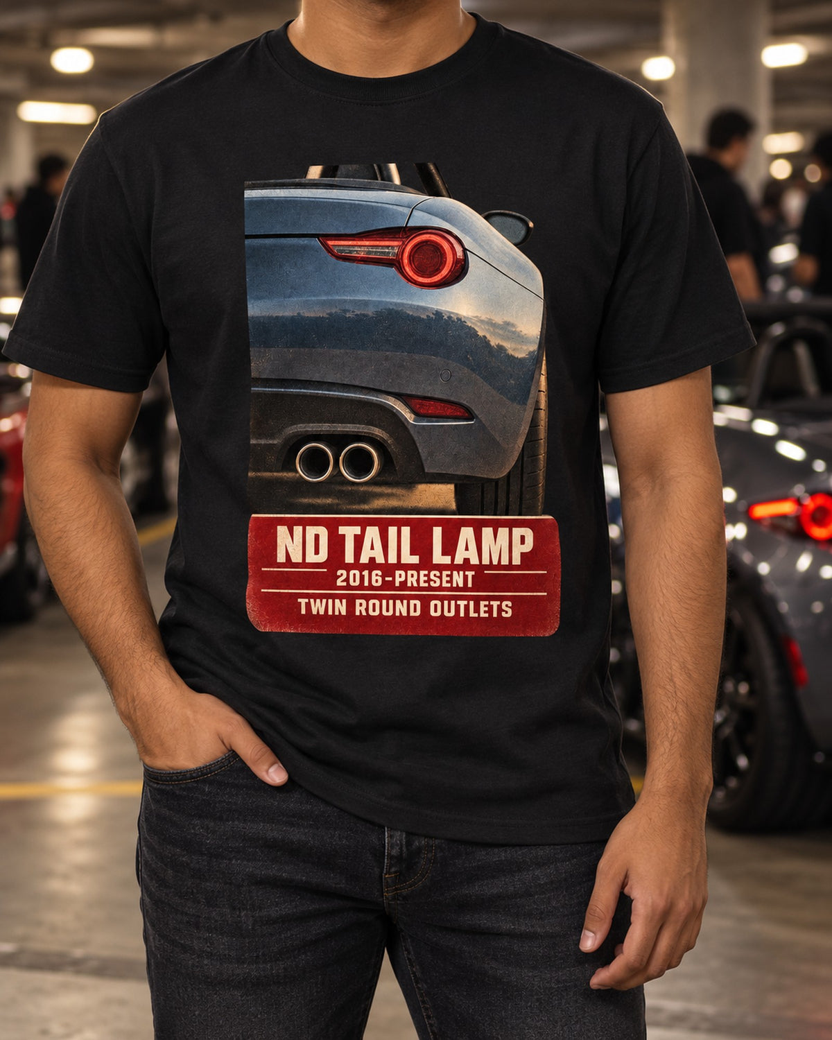 Mazda MX-5 ND Taillight Macro Shirt, 2016-Present Miata Tee T-Shirt Black worn hero