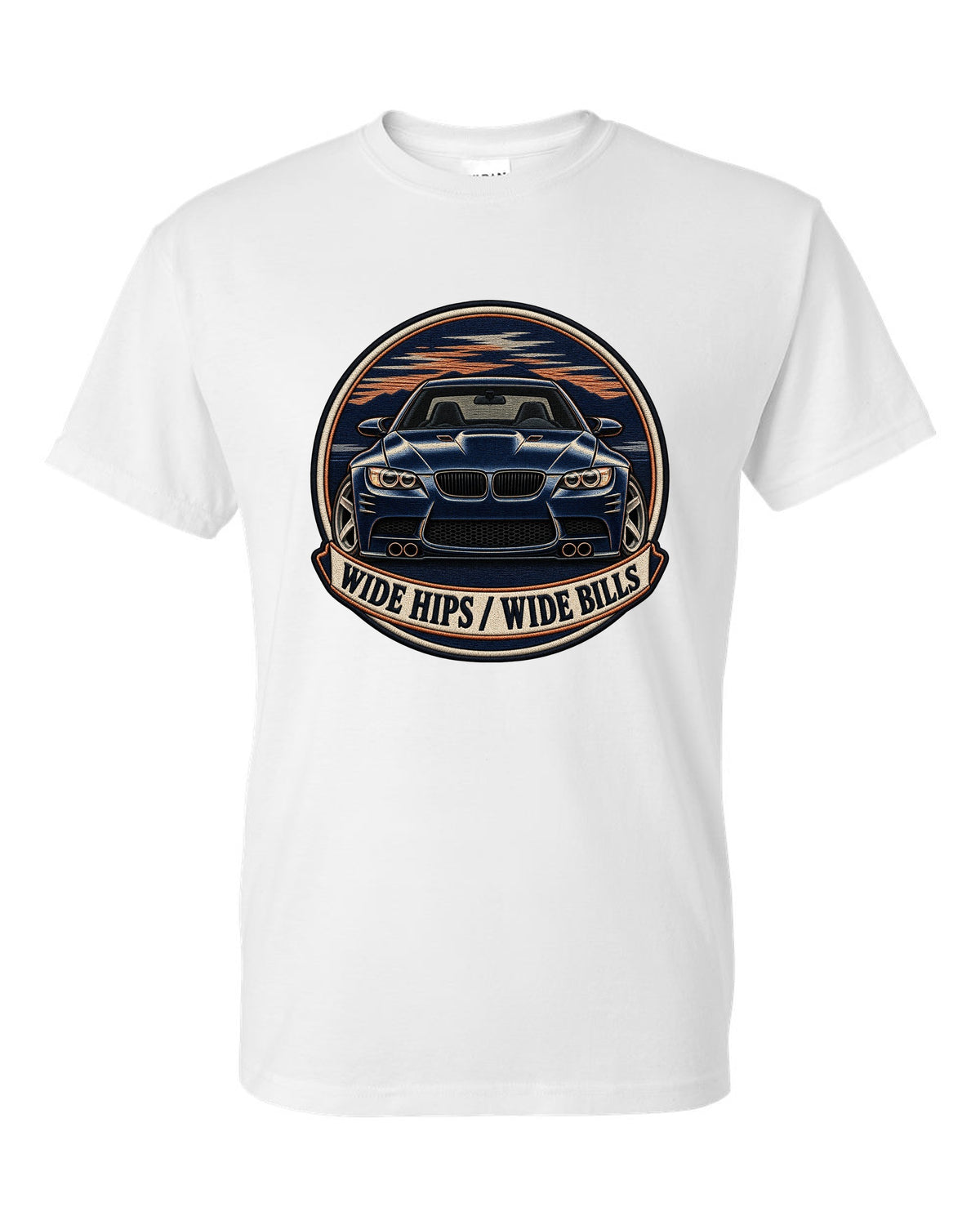 Varsity crest style print of a BMW E92 M3 coupe with wide hips wide bills text white t-shirt front view with the design