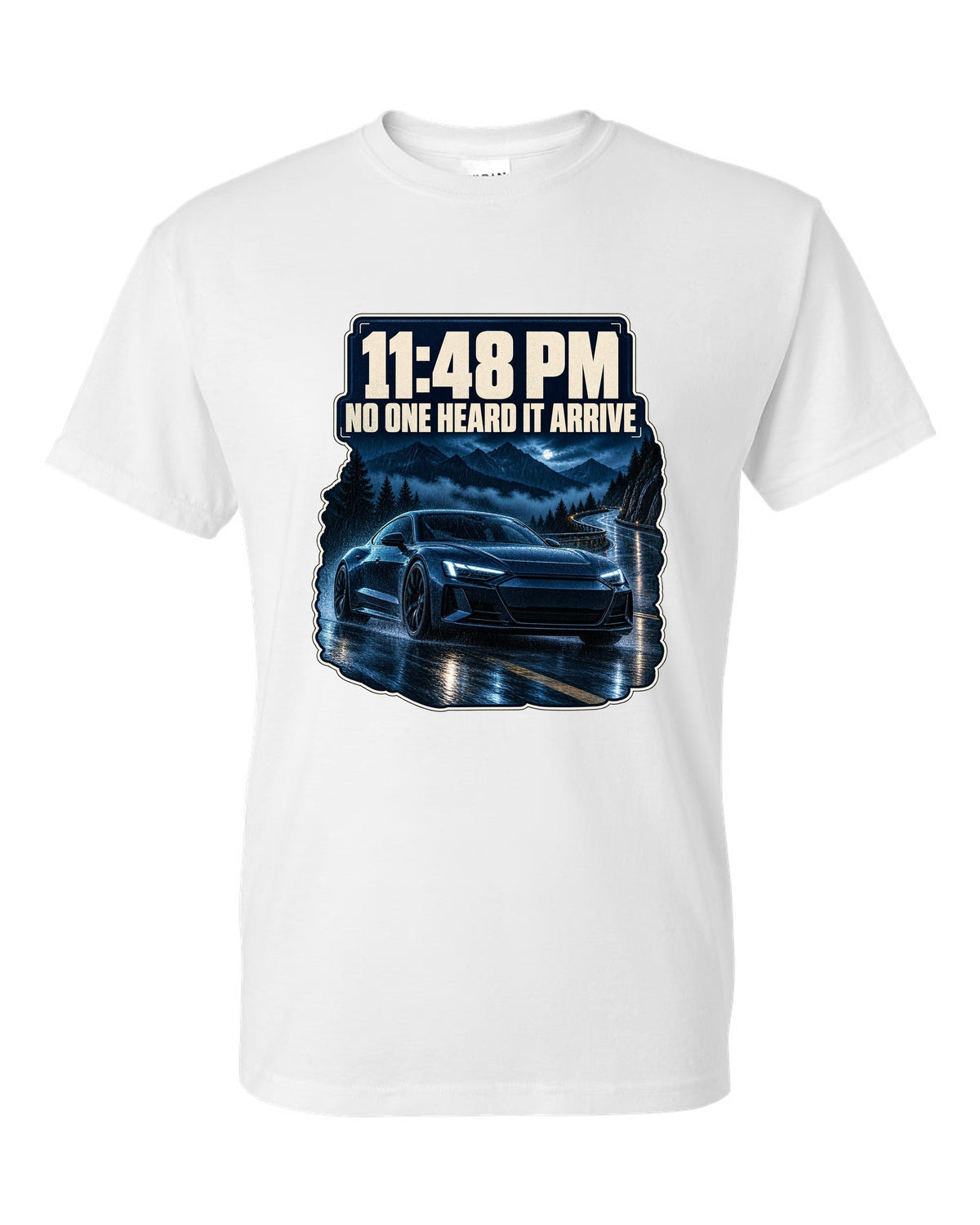 Audi RS e-tron GT on a wet night street blue monochrome print design white t-shirt front view with the design