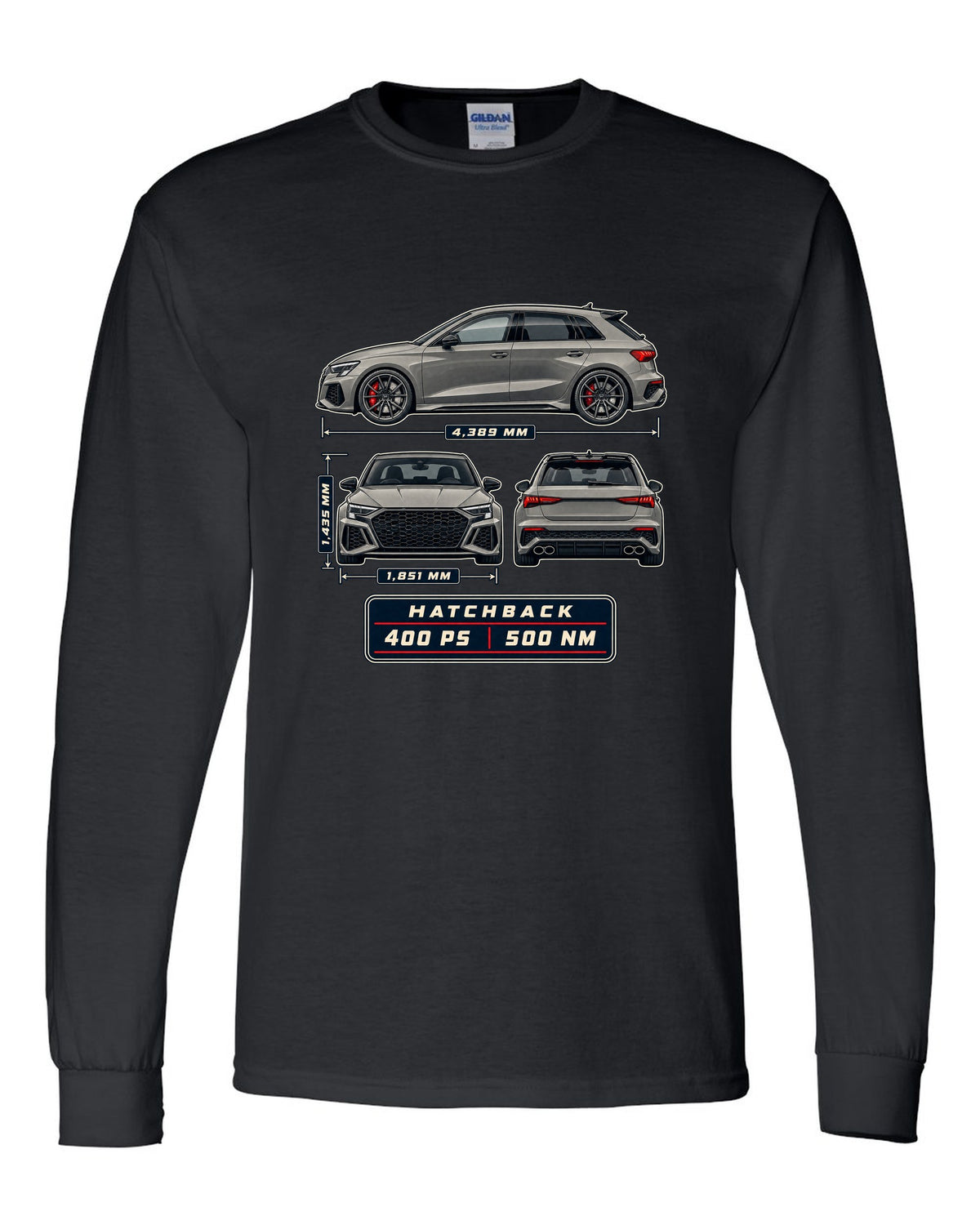 Three-view drawing and spec table of the Audi RS3 8Y Sportback black long sleeve front view with the design