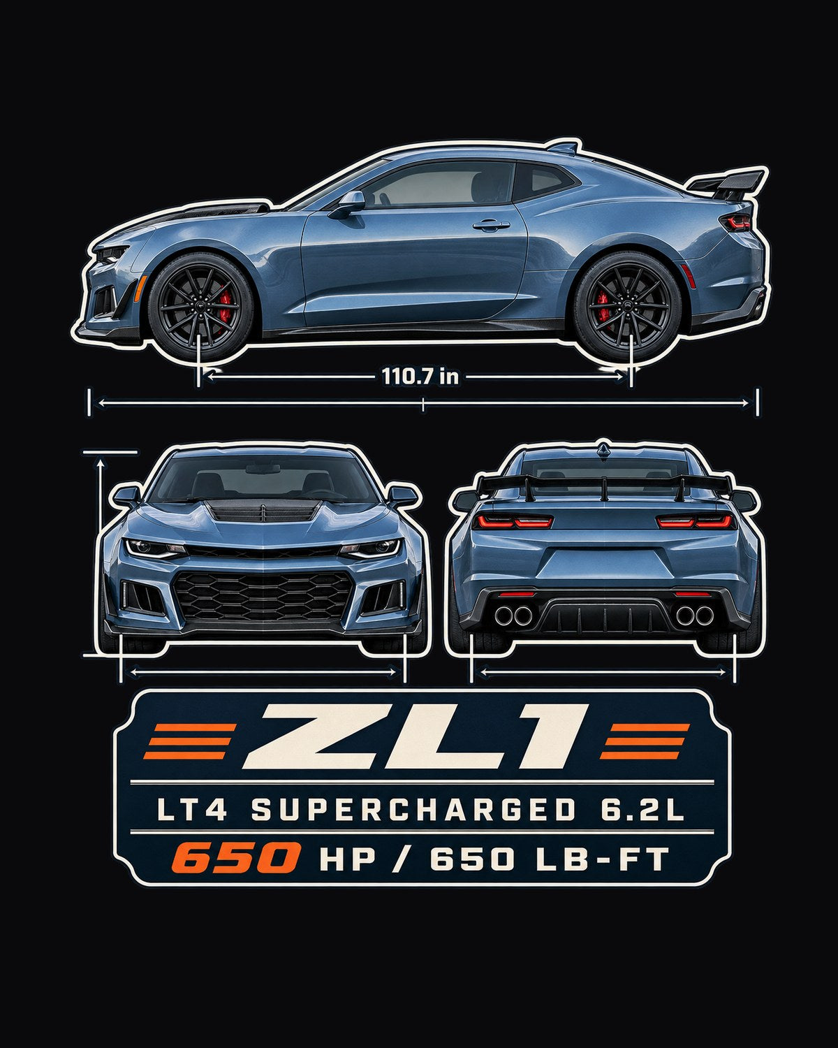 Camaro ZL1 6th Gen LT4 Three-View Plate Shirt, 2017-23 design only
