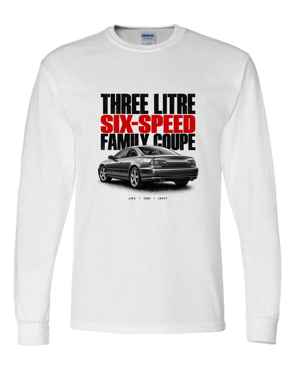 Halftone print for the 2005 Honda Accord V6 coupe reading three litre, six-speed, family coupe white long sleeve front view with the design