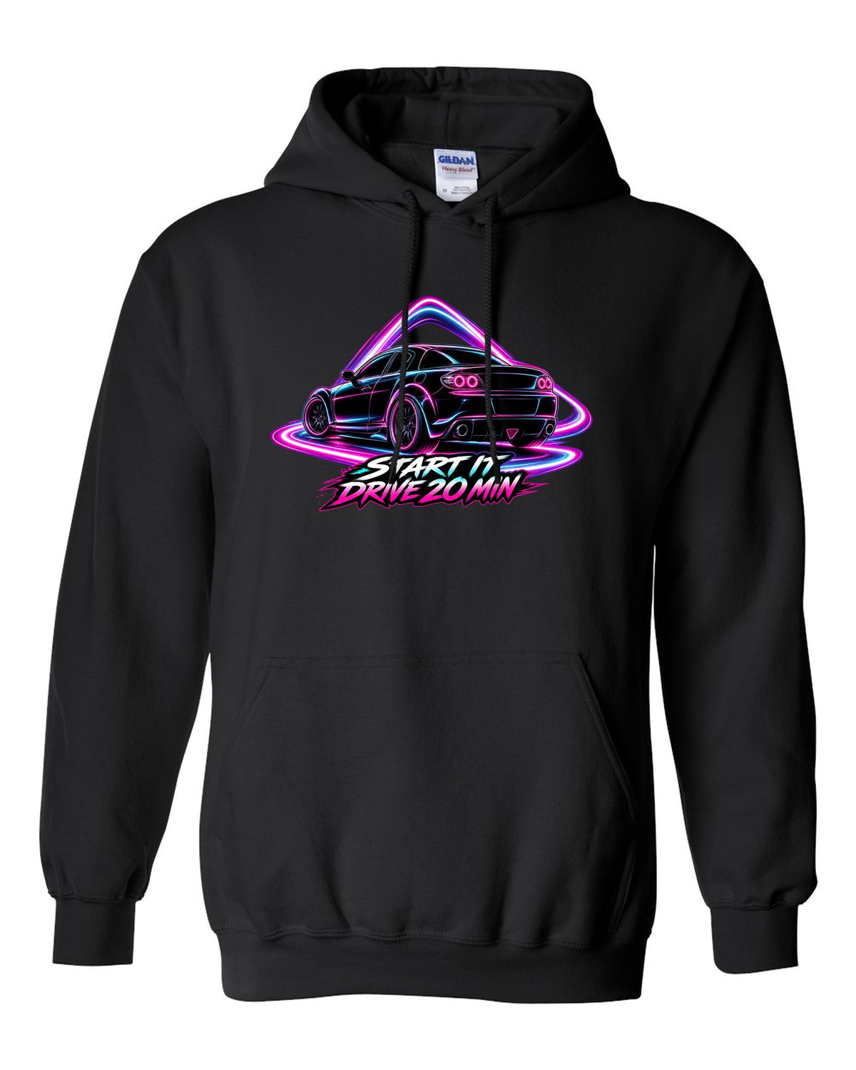 Neon outline light painting of a Mazda RX-8 SE3P with START IT / DRIVE 20 MIN lettering black pull over hoodie front view with the design