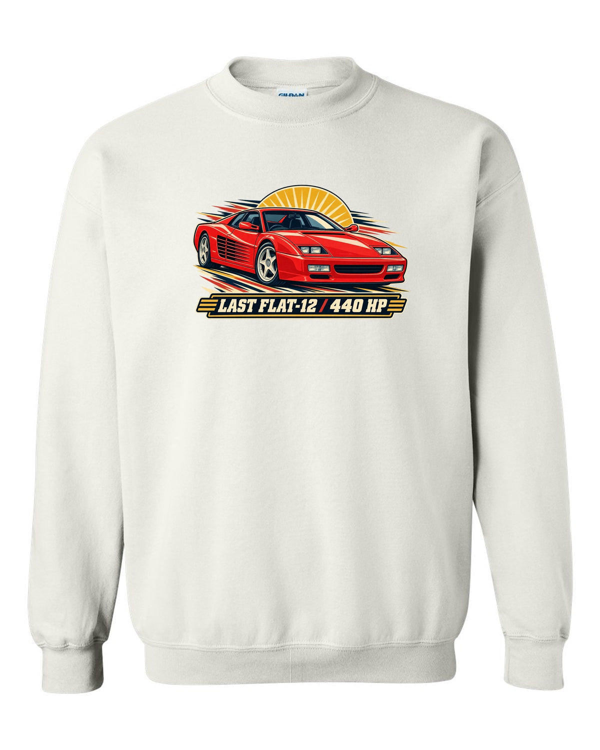 Retro race programme illustration print of the Ferrari F512 M with the text last flat-12, 440 HP white crewneck front view with the design