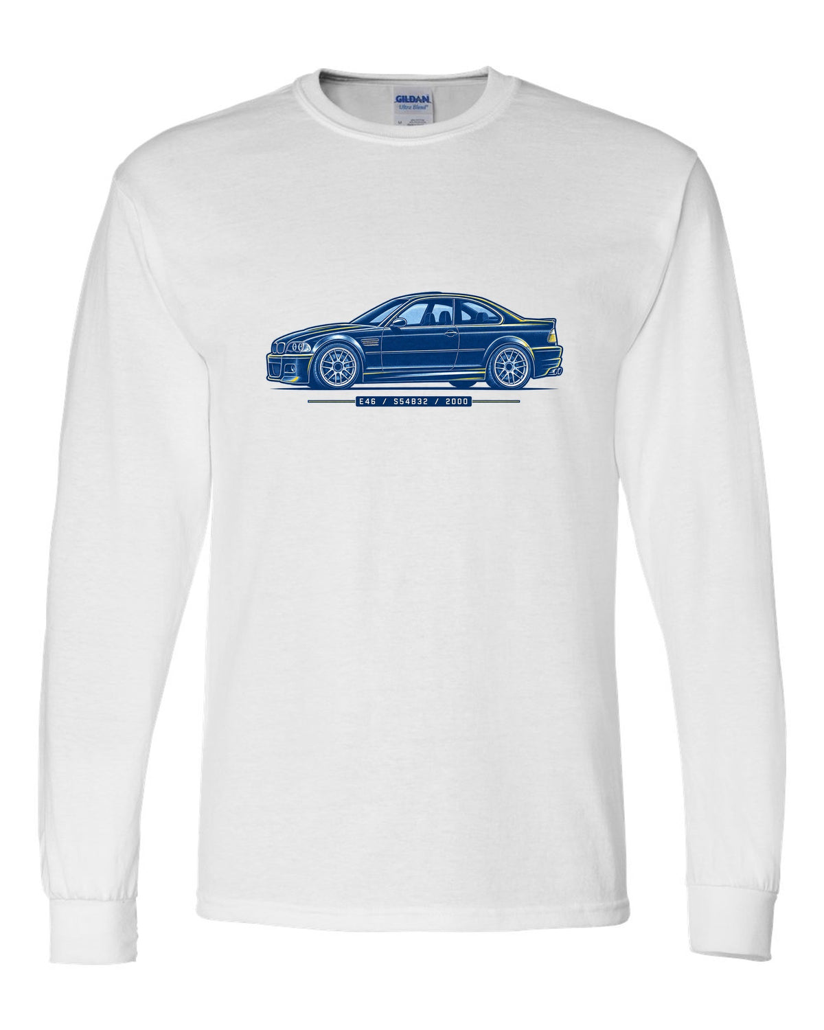Cyanotype blueprint style print of a BMW E46 M3 coupe with E46 S54B32 2000 text white long sleeve front view with the design