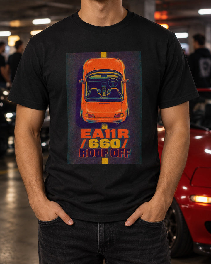 Suzuki Cappuccino EA11R Roof Off Risograph Tee T-Shirt Black worn hero