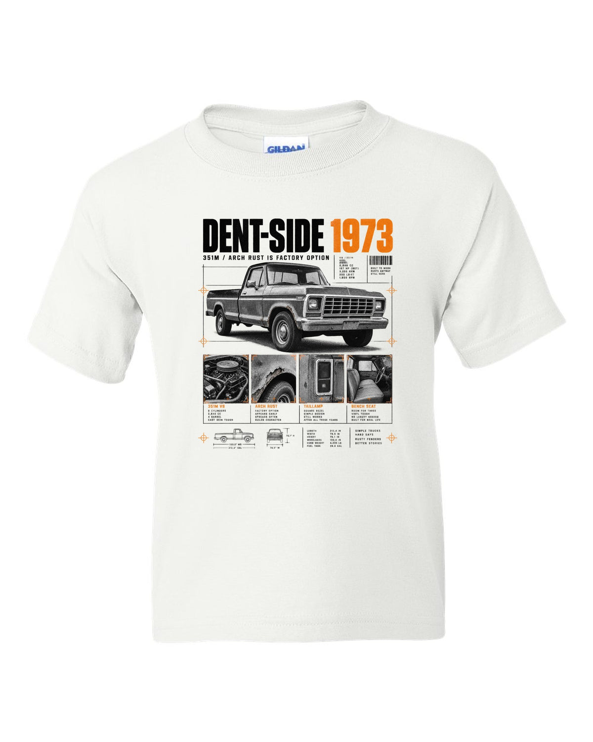 Ford F-150 Dent-Side 1973 351M Rust Dossier Panel white kids tee front view with the design