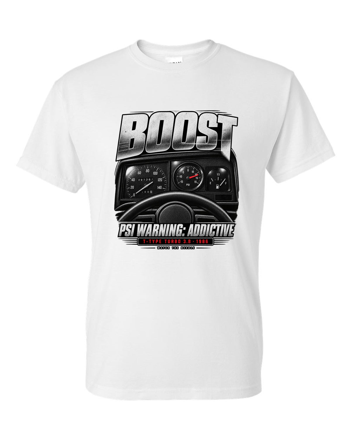 1986 Buick Grand National boost gauge cockpit print with T-Type turbo text white t-shirt front view with the design