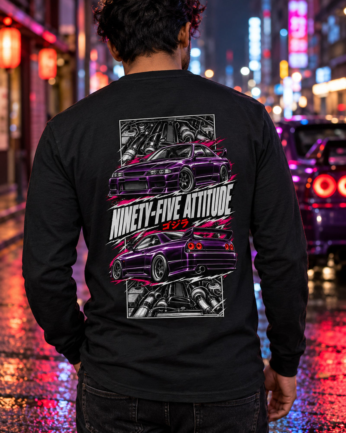 Nissan Skyline GT-R R33 Torn Poster Full-Back Graphic Tee Long Sleeve Black worn hero