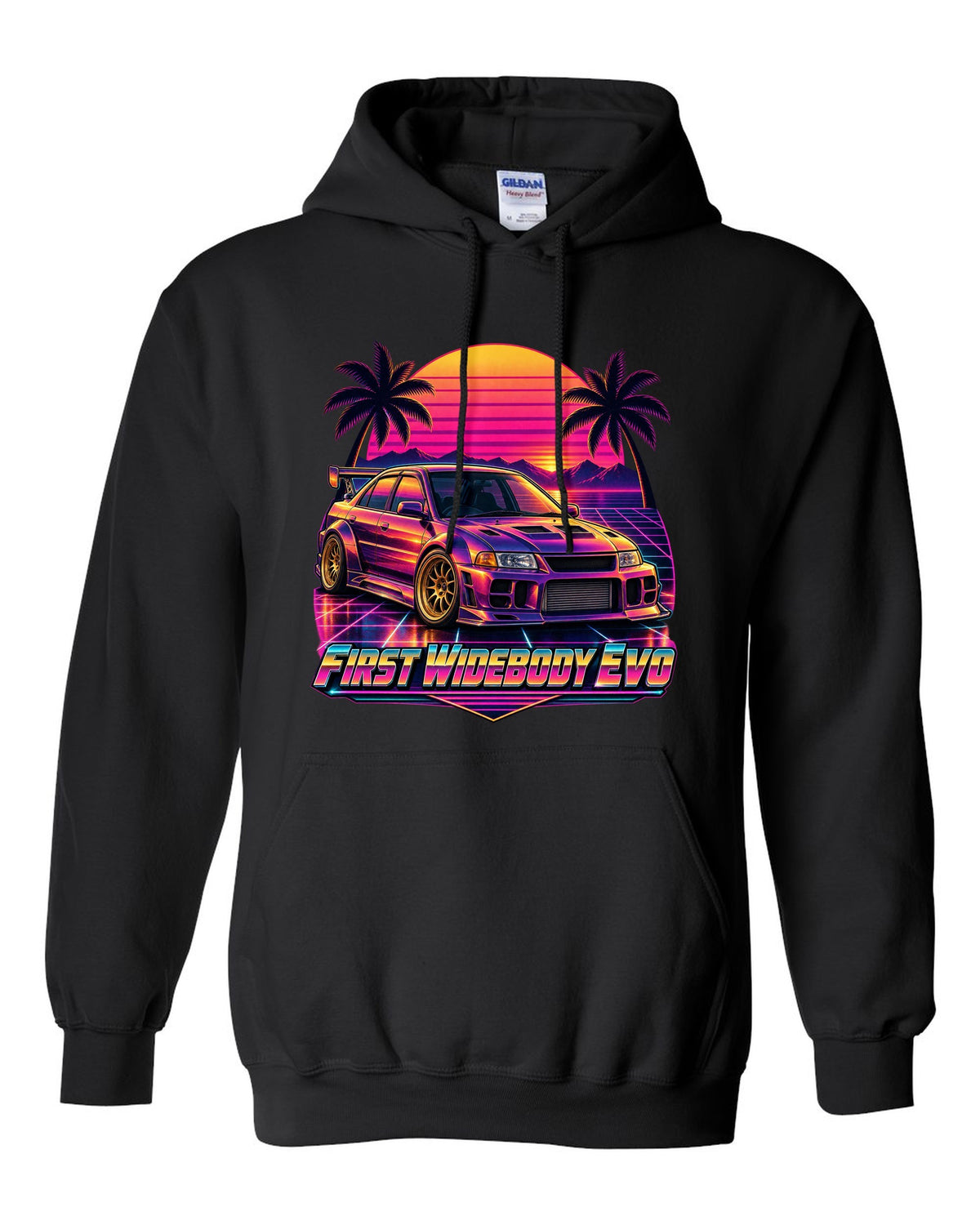 Exploded cutaway engine diagram of a Mitsubishi Lancer Evolution X CZ4A black pull over hoodie front view with the design