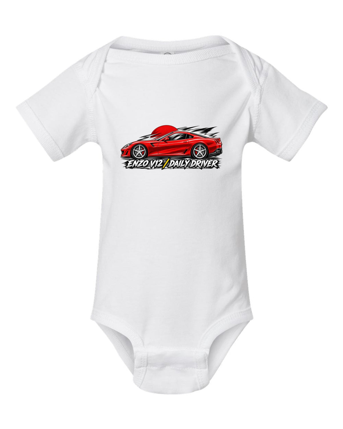 Retro manga halftone panel print of a Ferrari 599 GTB with Enzo V12 and Daily Driver lettering white baby onesie front view with the design