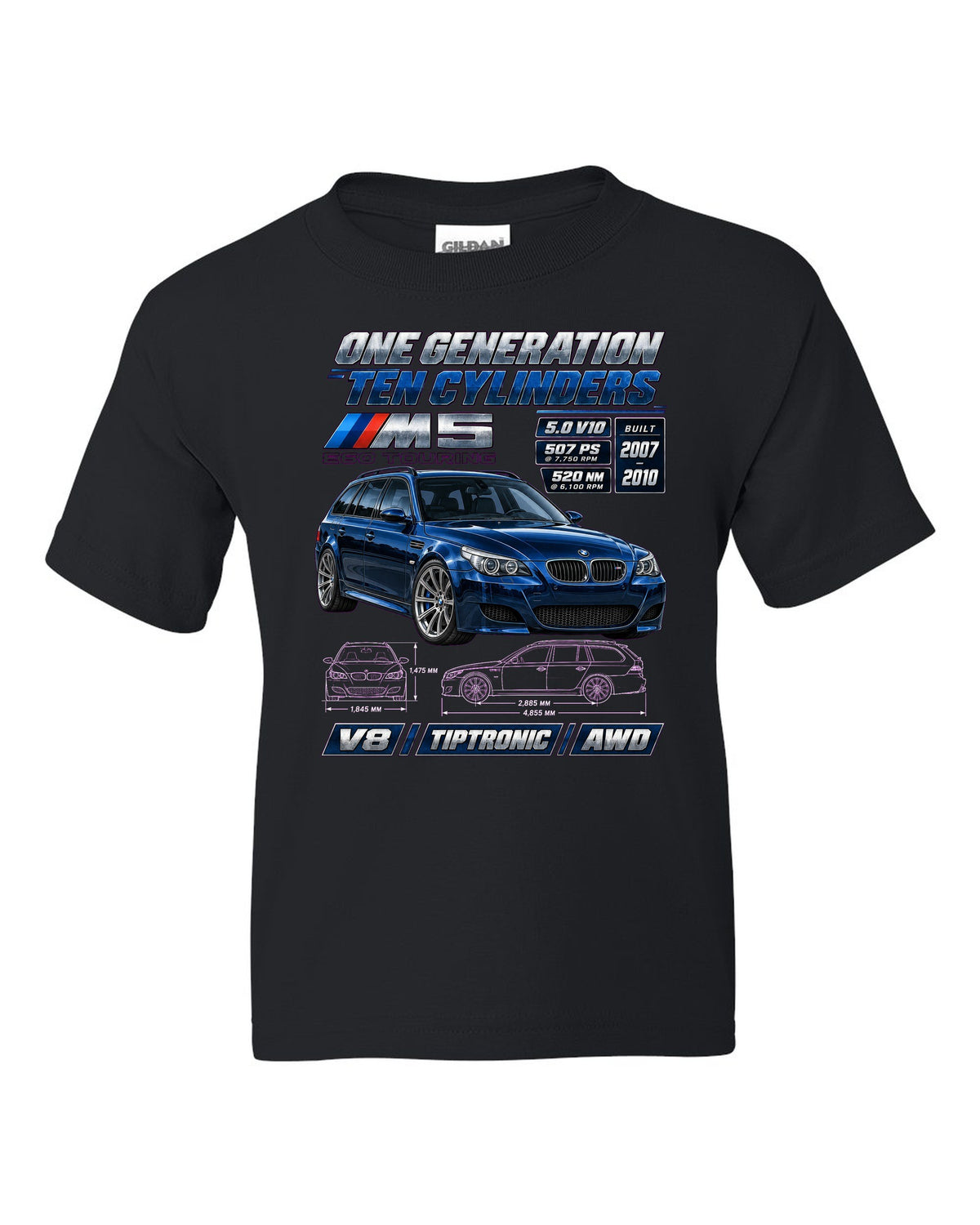 BMW M5 E60 V10 saloon spec poster print black kids tee front view with the design