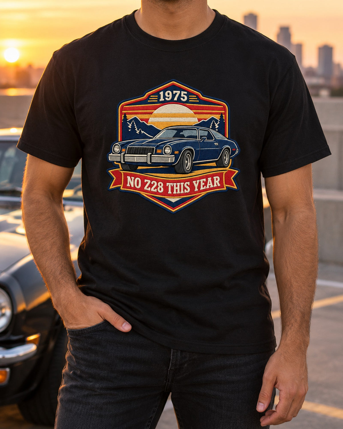 1975 Camaro Second-Gen Shirt, No Z28 This Year Crest Tee T-Shirt Black worn hero