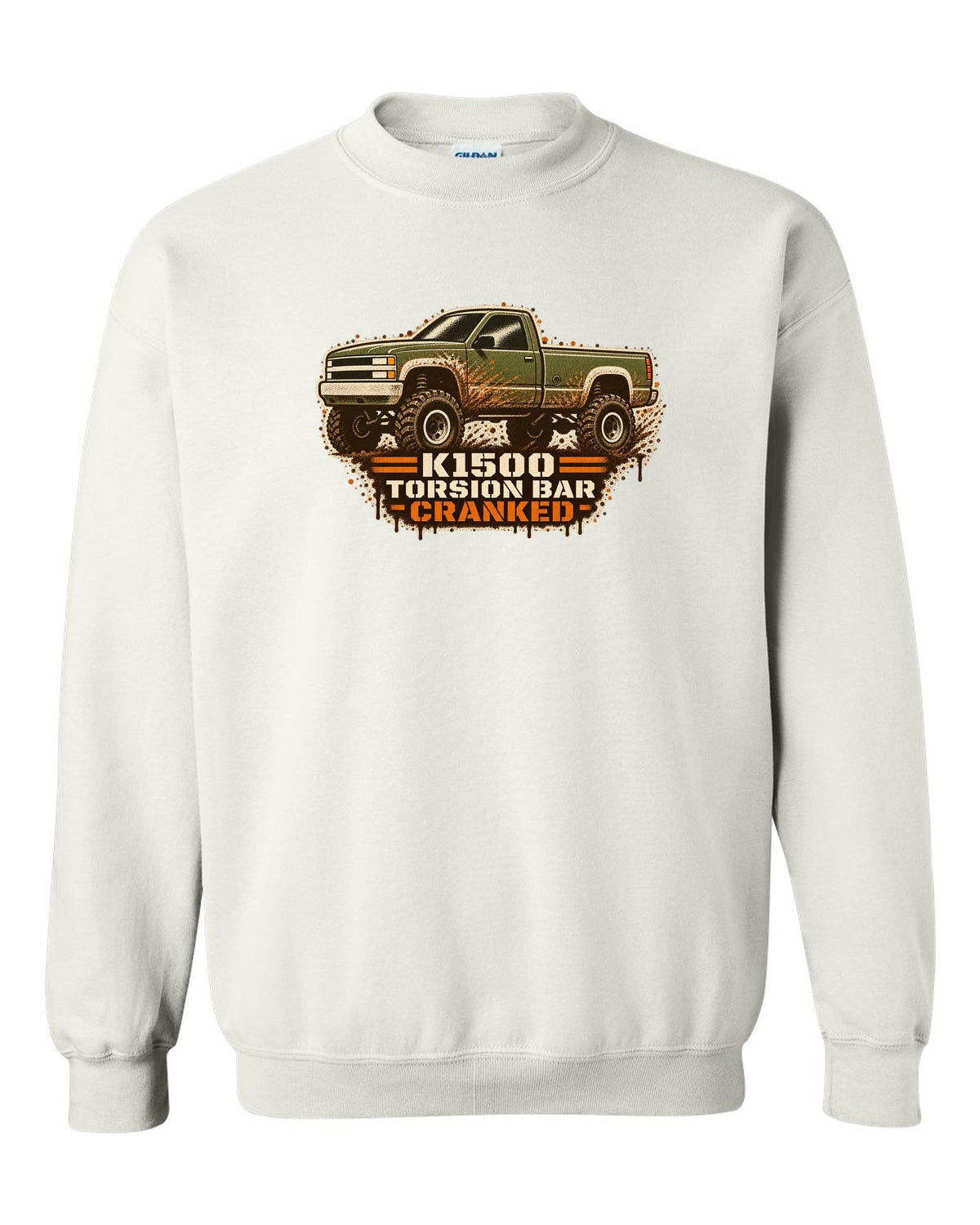 Stencil spray street-art print of a 1988-98 Chevrolet GMT400 K1500 Z71 OBS with torsion bar text white crewneck front view with the design