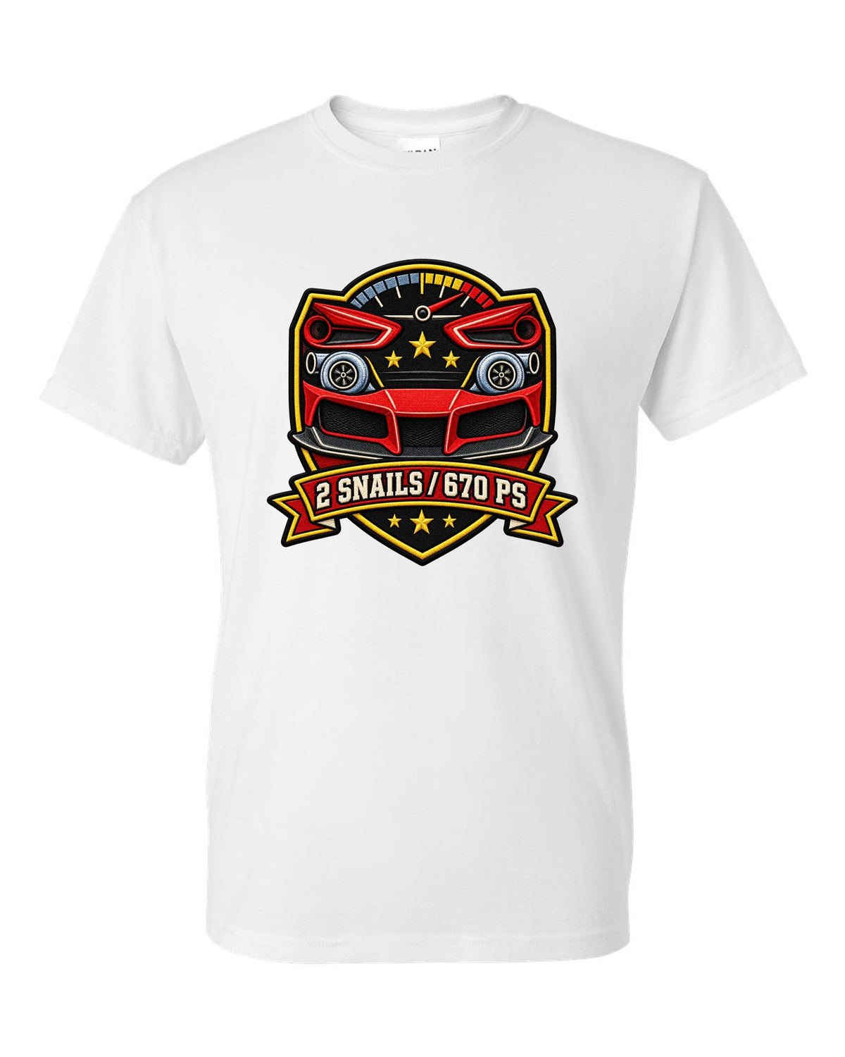 Shield layout for the Ferrari 488 GTB with 2 snails and 670 PS text white t-shirt front view with the design