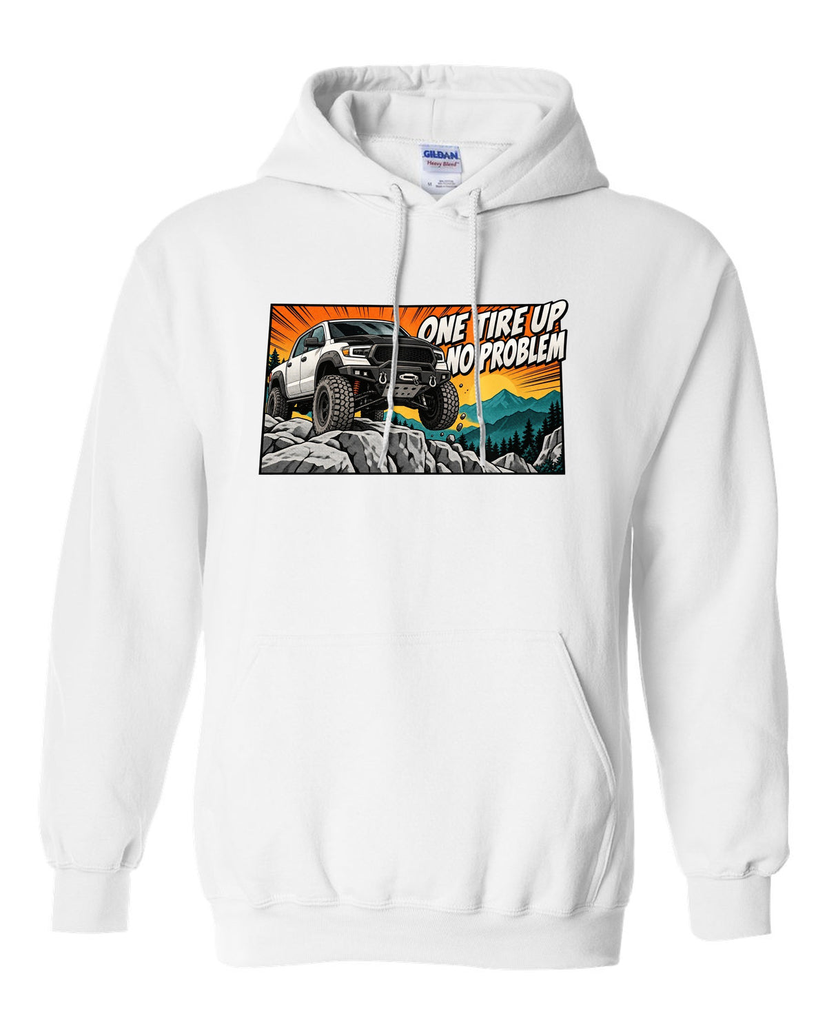 Retro manga halftone print of a Ram Power Wagon 2500 4x4 with one tire up on a ledge white pull over hoodie front view with the design