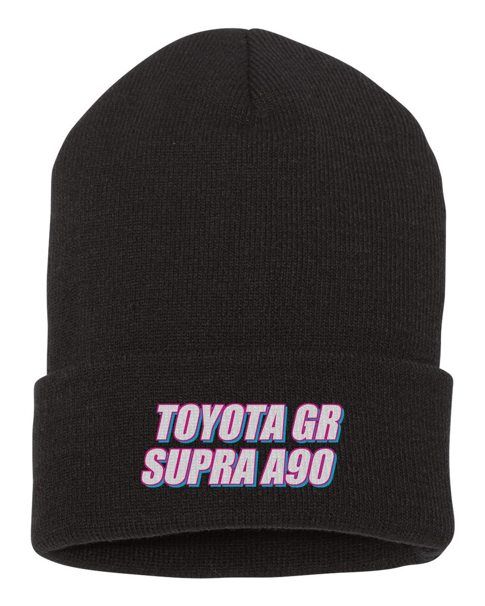 Toyota Gr Supra A90 black beanie front view with car name