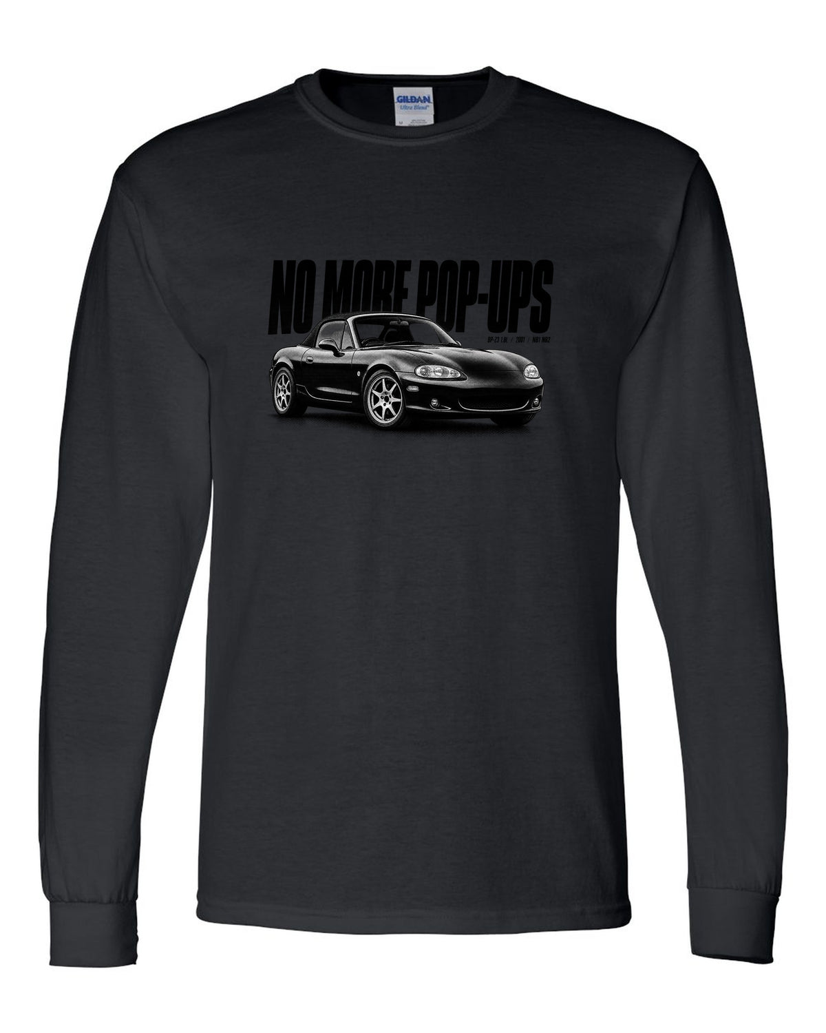 Halftone print for the Mazda MX-5 NB2 2001-05 reading no more pop-ups with BP-Z3 1.8L detail black long sleeve front view with the design