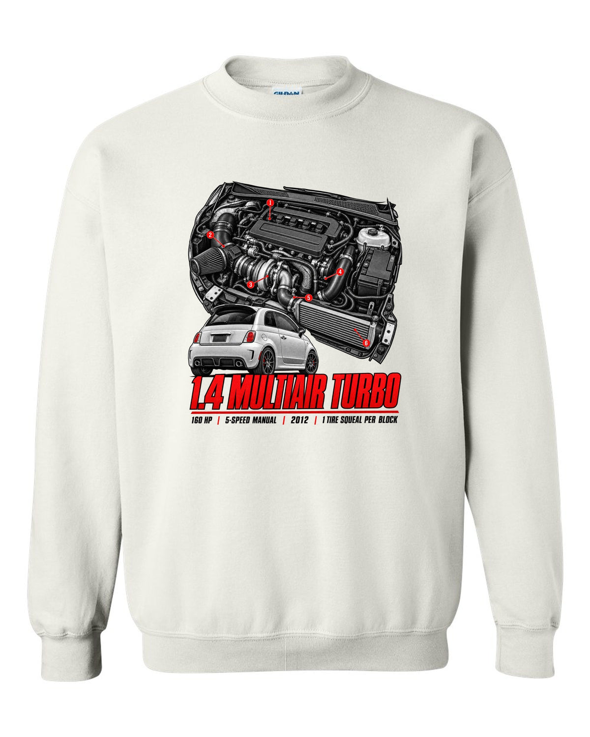 Fiat 500 Abarth engine bay hero poster with 1.4 MultiAir turbo figures white crewneck front view with the design