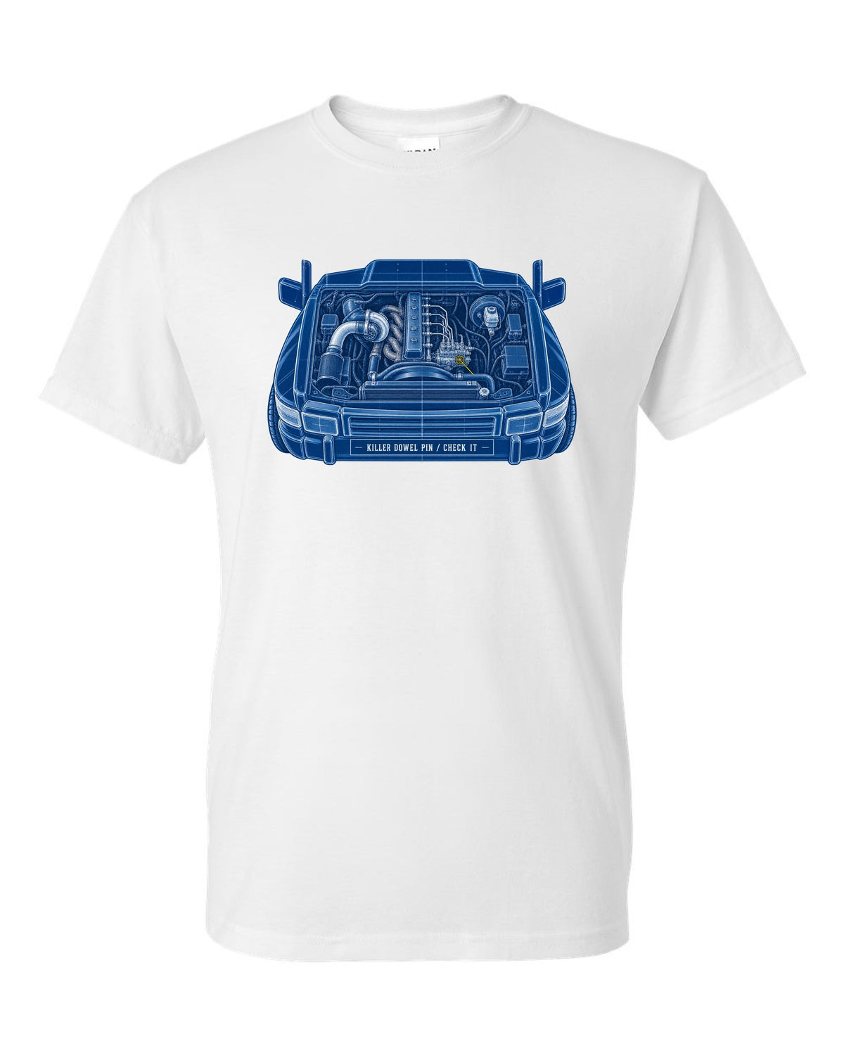 Cyanotype blueprint print of a 1994-1998 Dodge Ram 12V 5.9 Cummins engine bay white t-shirt front view with the design
