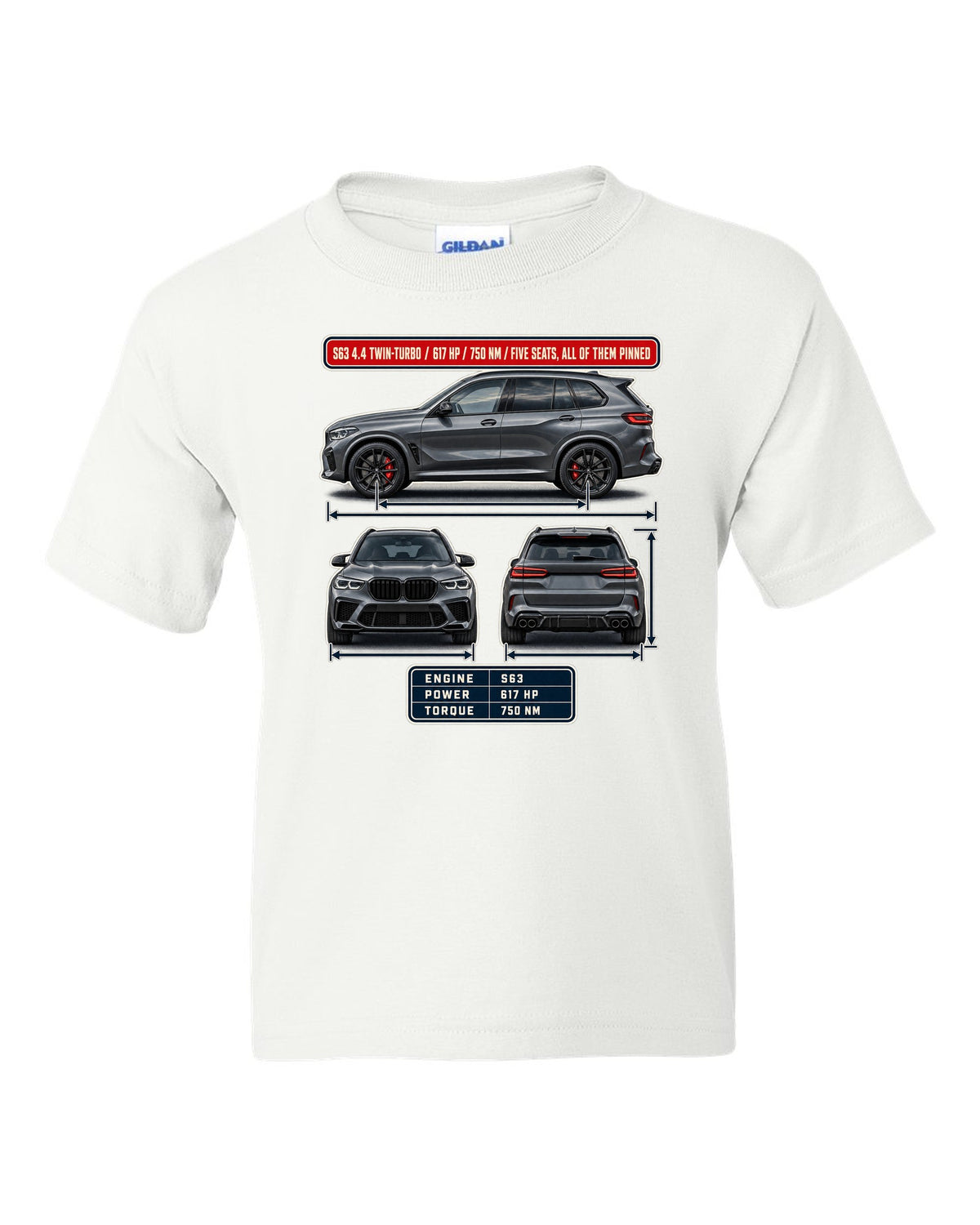 BMW X5 M Competition F95 three-view spec table print on a tee white kids tee front view with the design
