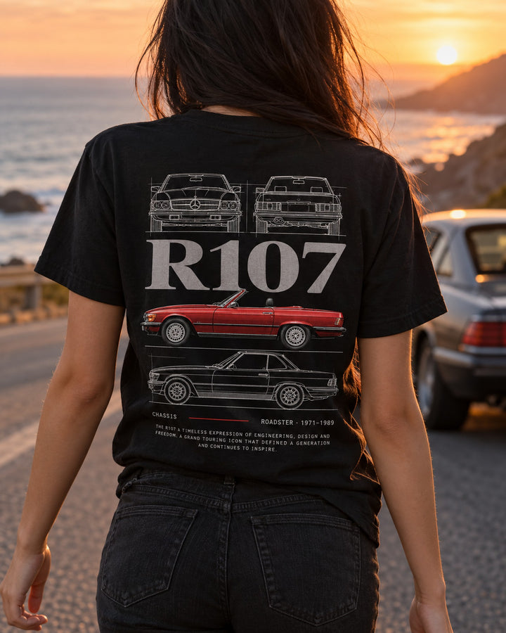 Mercedes R107 SL roadster Blueprint Full-Back Graphic Tee, R107 Chassis Code T-Shirt Black worn hero