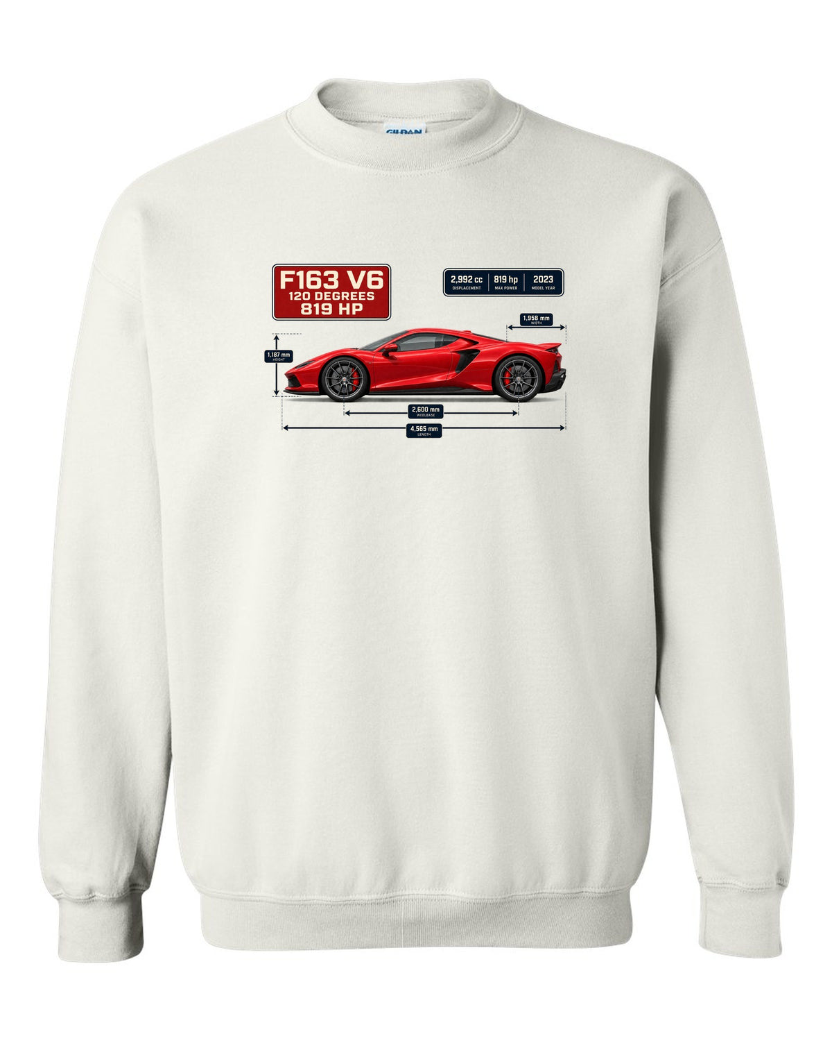 Blueprint style print of a signal red Ferrari 296 GTB with dimension lines white crewneck front view with the design