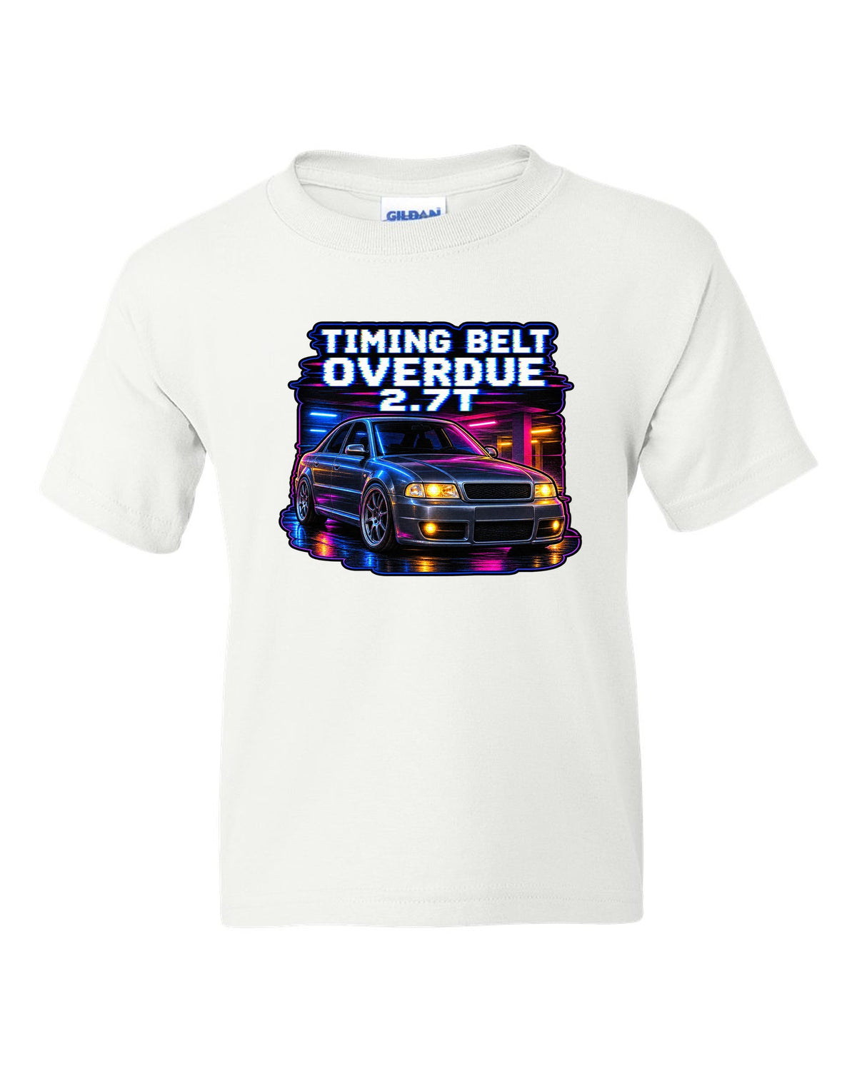 VHS lo-fi print of an Audi S4 B5 with Timing Belt Overdue and 2.7T text white kids tee front view with the design