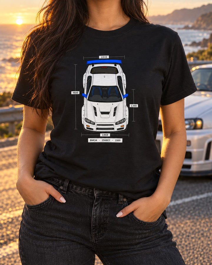 R34 GT-R BNR34 Spec Sheet Data Plate print Shirt T-Shirt Black worn hero