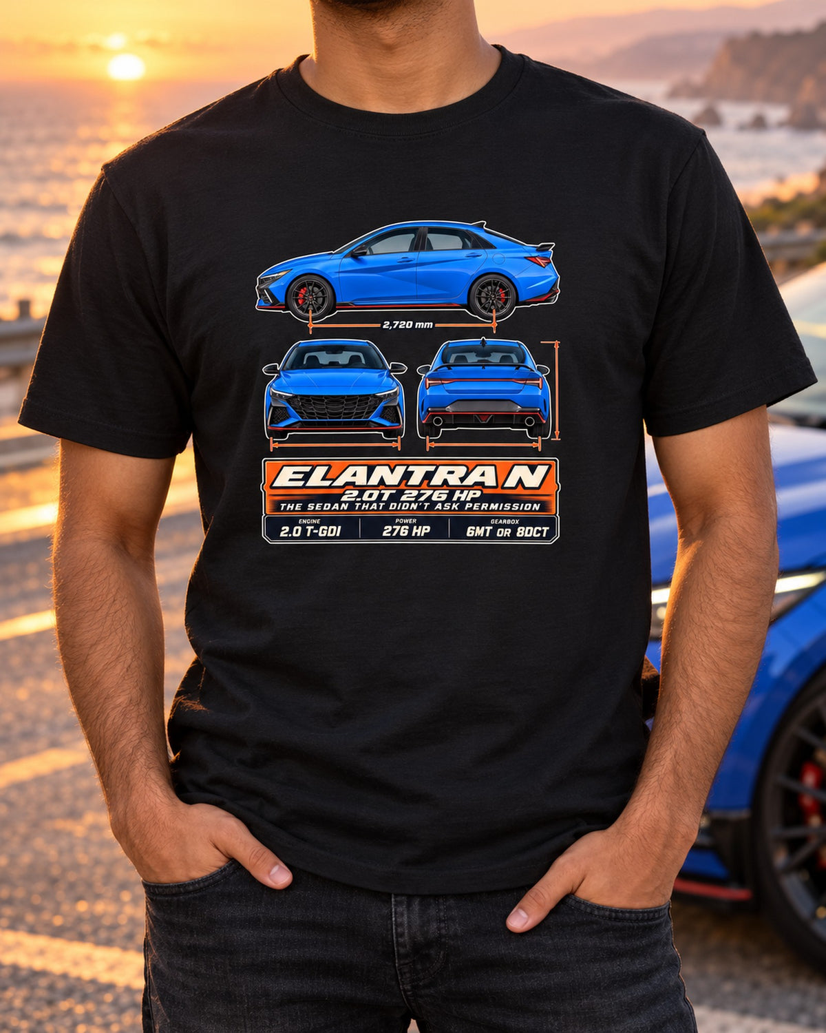 Hyundai Elantra N CN7 Three-View Spec Shirt, 276 HP Sedan T-Shirt Black worn hero