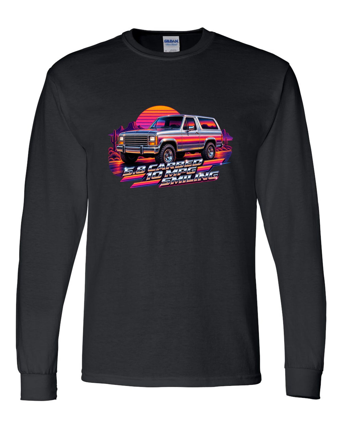80s airbrush chrome art of a 1980-86 Ford Bronco Bullnose at sunset with 5.8 CARBED 10 MPG lettering black long sleeve front view with the design