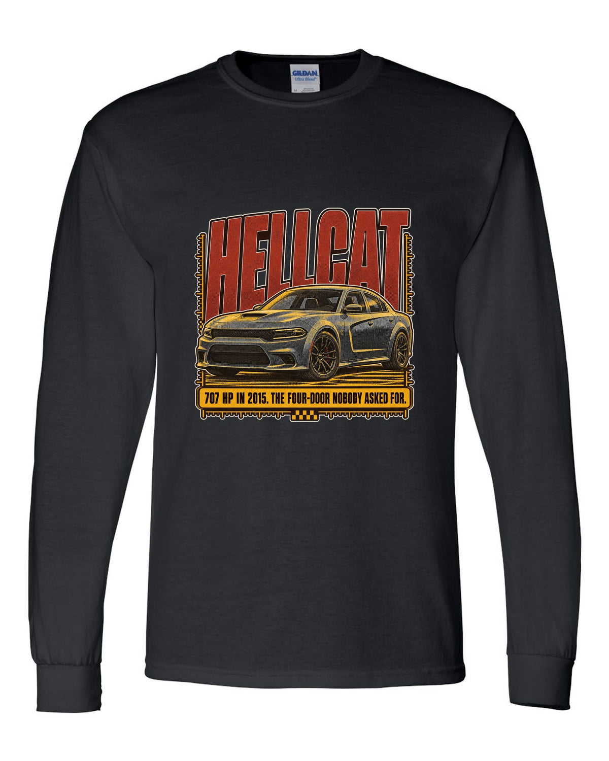 Dodge Charger SRT Hellcat halftone statement print reading 707 HP in 2015 black long sleeve front view with the design