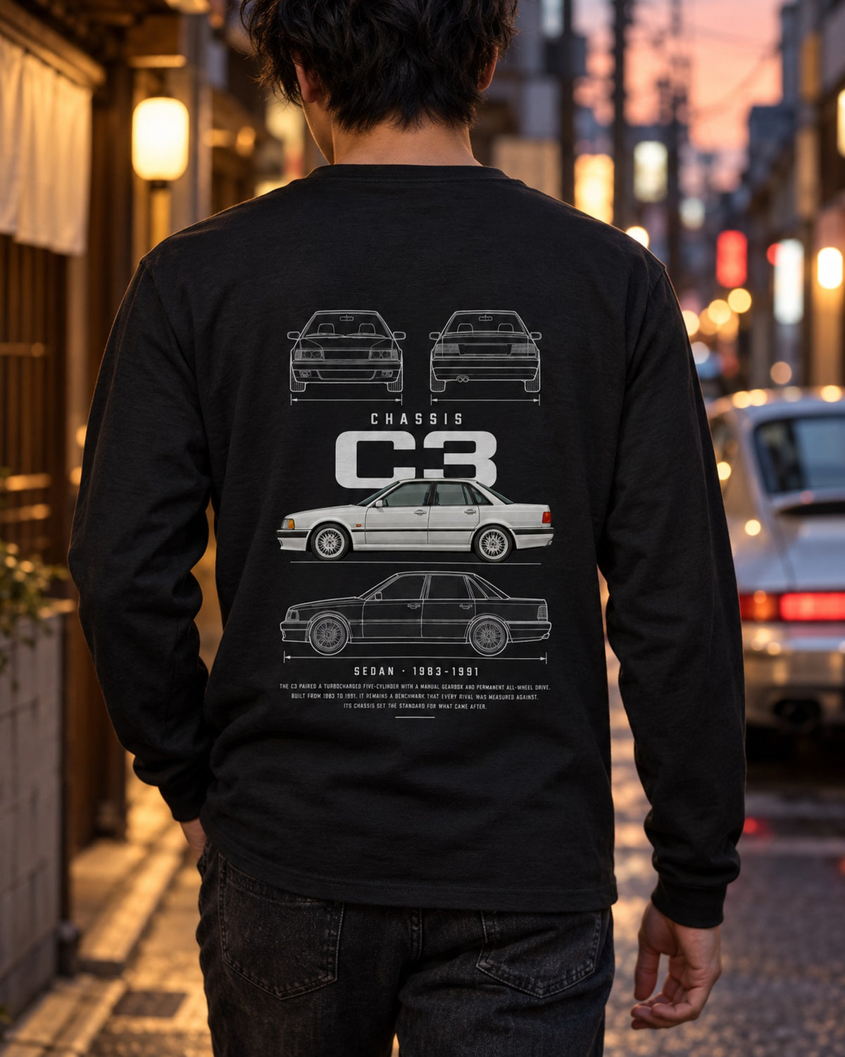 Audi 200 quattro sedan Blueprint Full-Back Graphic Tee, C3 Chassis Code Long Sleeve Black worn hero