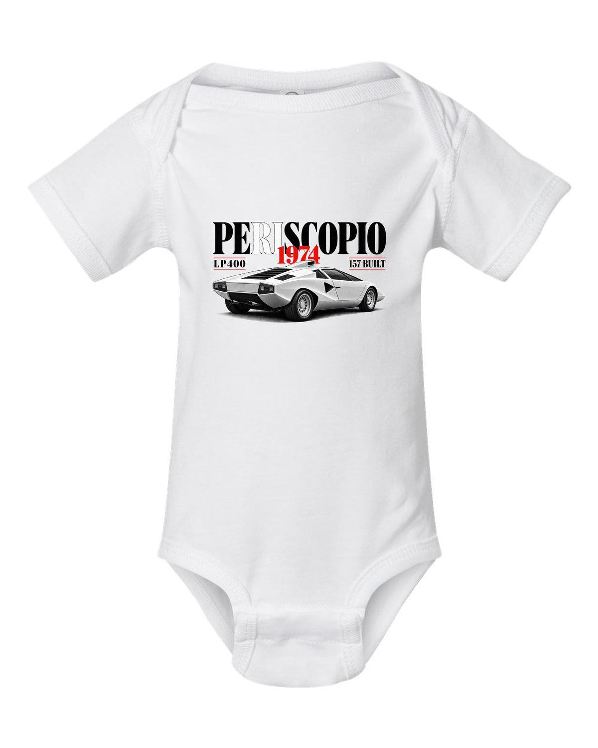 Editorial print of a Lamborghini Countach LP400 with periscopio and 157 built text white baby onesie front view with the design