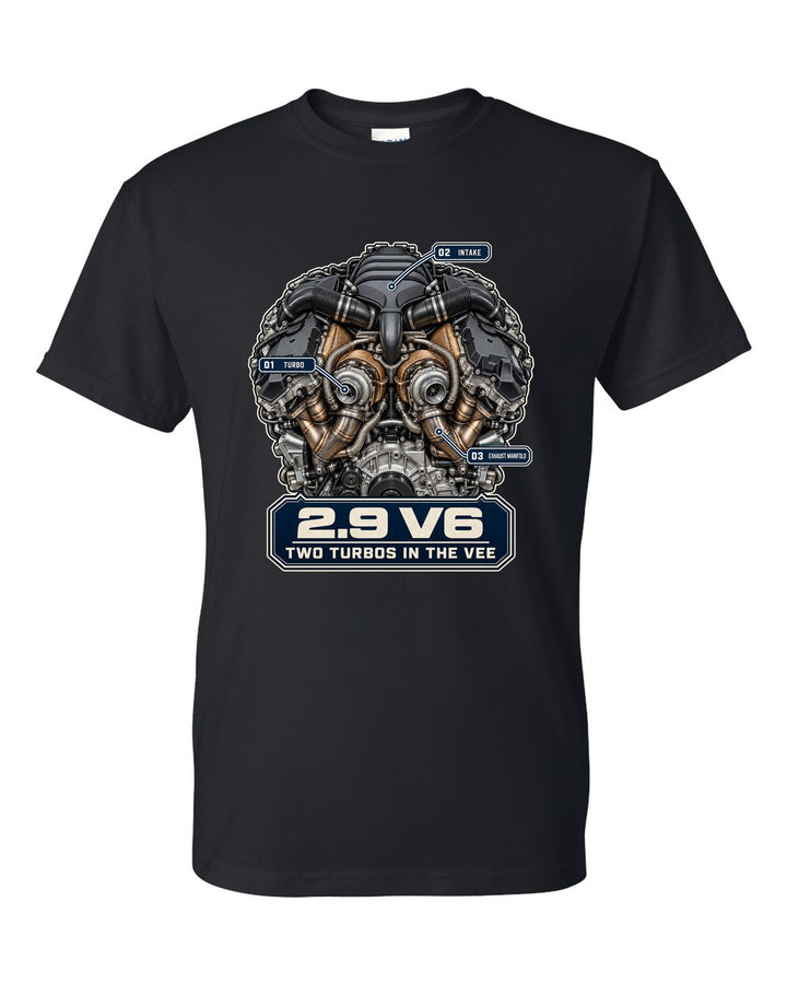 Engine bay hero print of the 2.9 litre twin-turbo V6 in a Porsche Macan GTS black t-shirt front view with the design