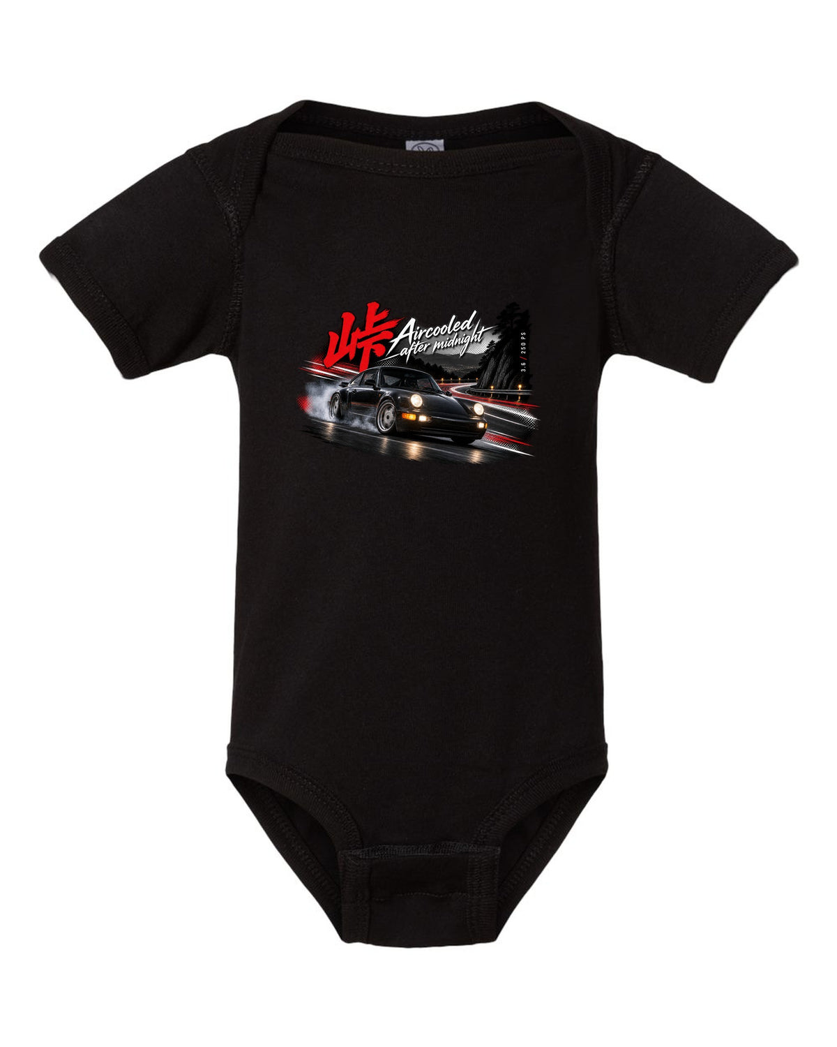 Touge night print of a Porsche 911 Carrera 2 (964) with the line Aircooled after midnight black baby onesie front view with the design