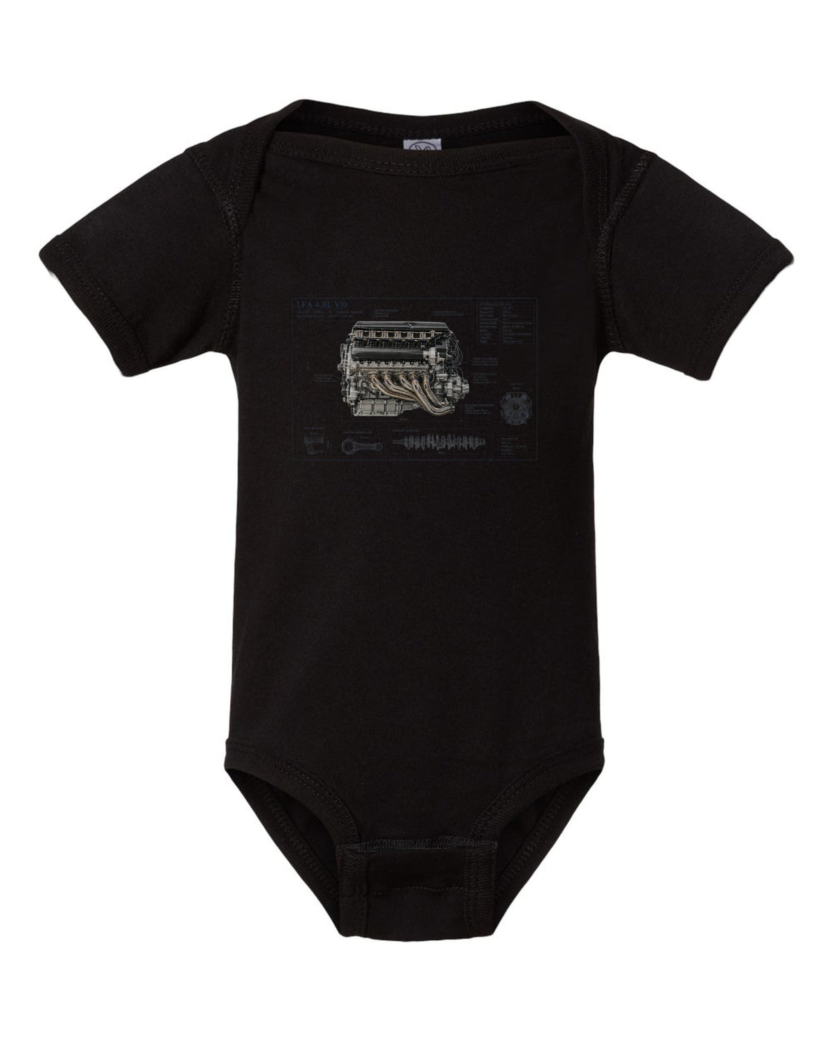 Aero cutaway callouts on the Lexus LFA Nurburgring Package black baby onesie front view with the design